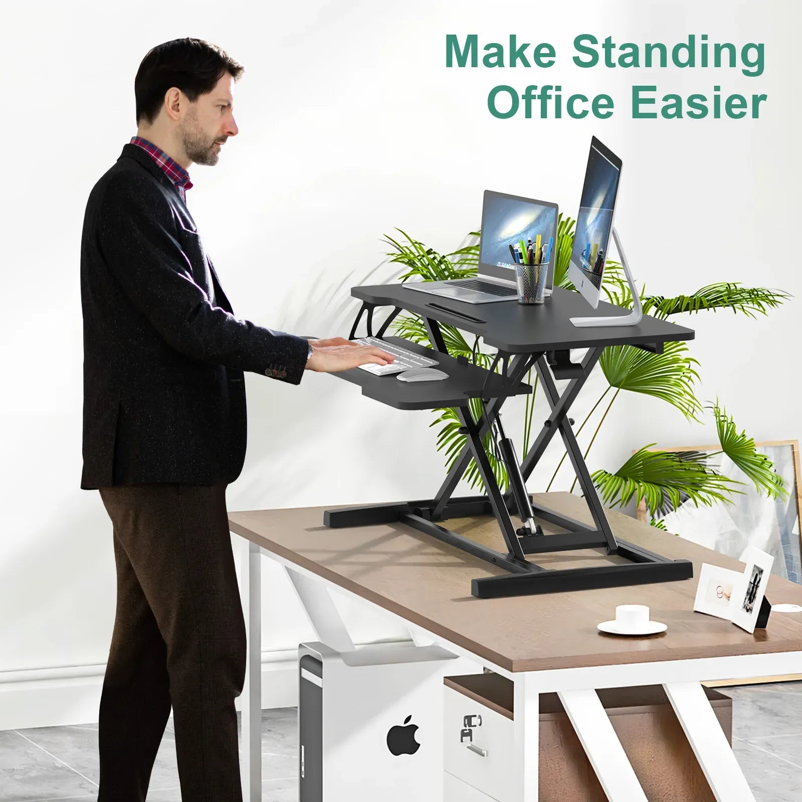 Height Adjustable Black Laptop Riser Desk with Two-Tier Design, 80x40cm
