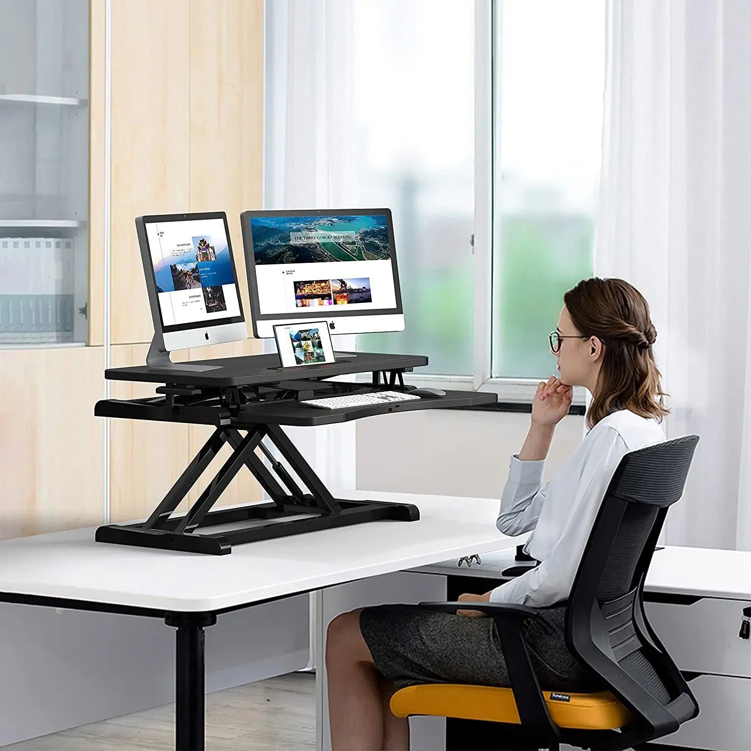 Height Adjustable Black Laptop Riser Desk with Two-Tier Design, 80x40cm