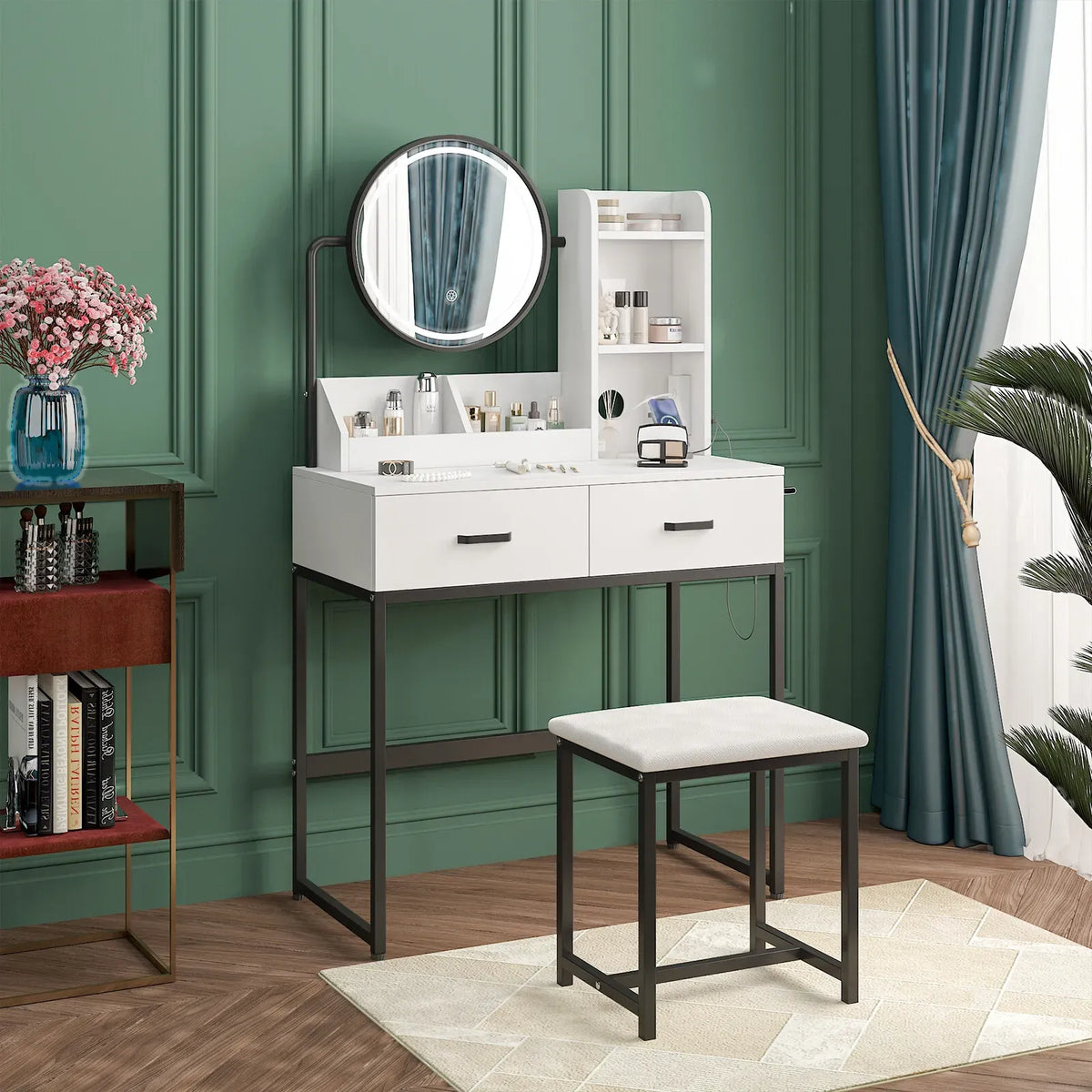 White Black Dressing Table Stool Set with LED Lights and Charging Station, 80x136cm