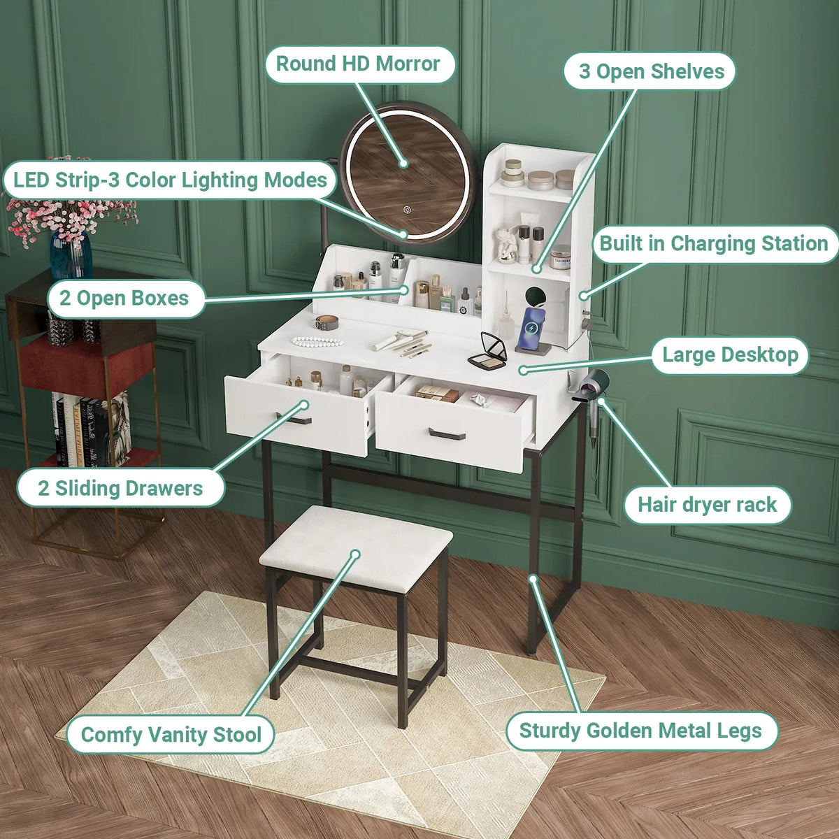 White Black Dressing Table Stool Set with LED Lights and Charging Station, 80x136cm