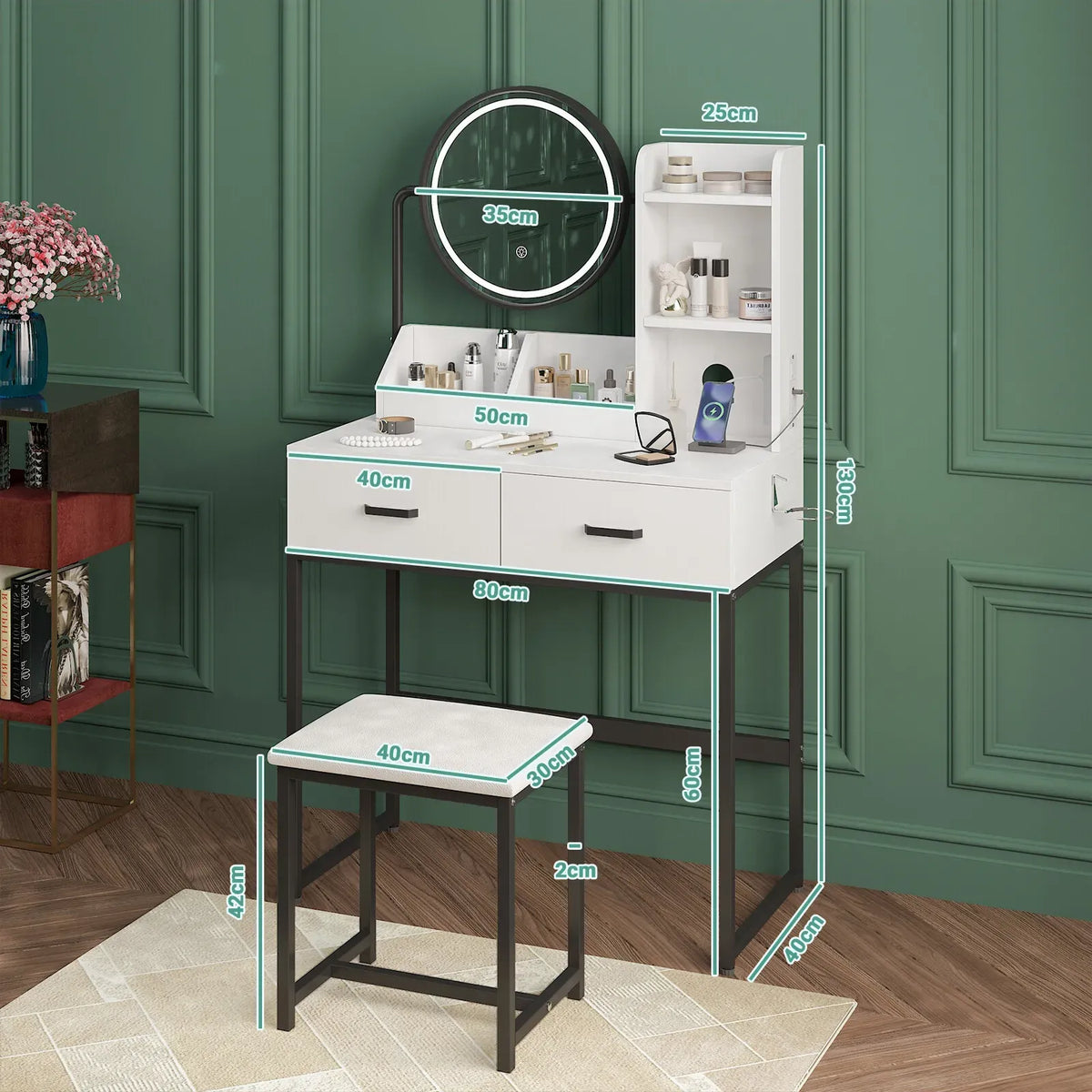 White Black Dressing Table Stool Set with LED Lights and Charging Station, 80x136cm