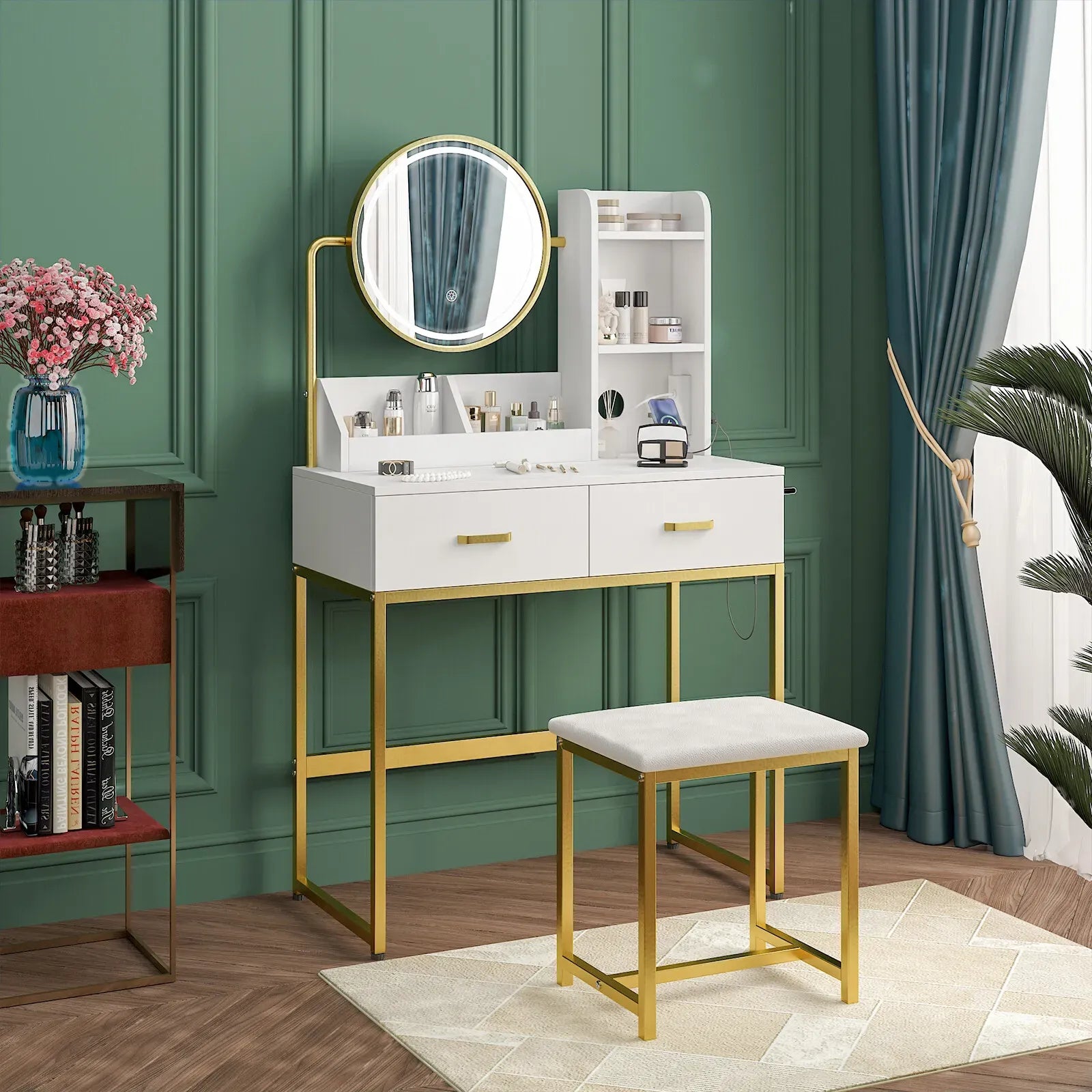 Dressing Table Stool Set in White & Gold with LED Lights and Charging Station