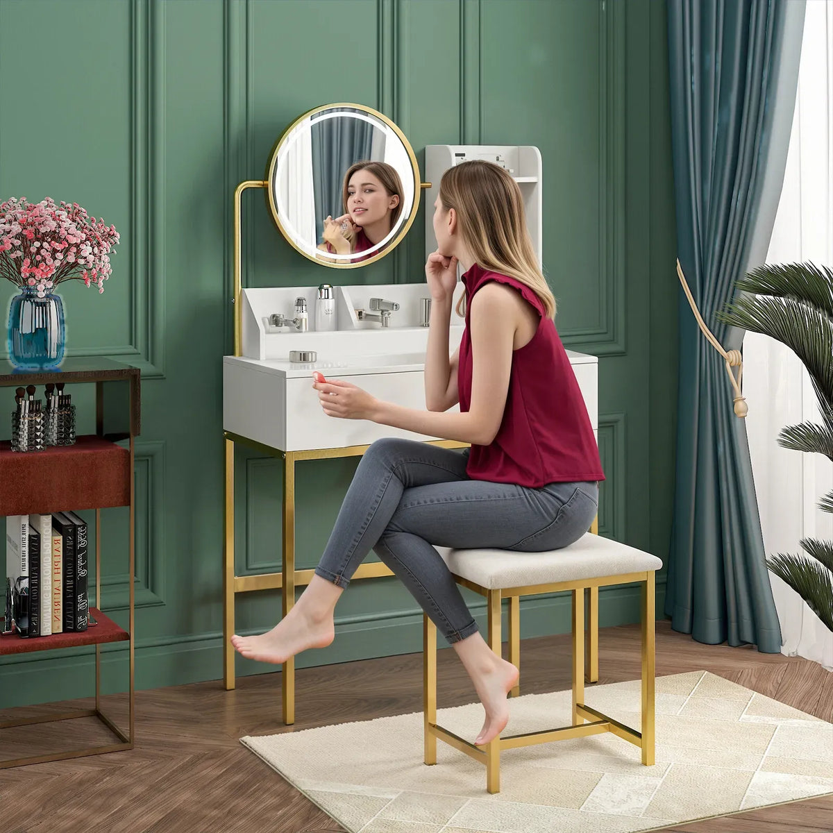 Dressing Table Stool Set in White & Gold with LED Lights and Charging Station