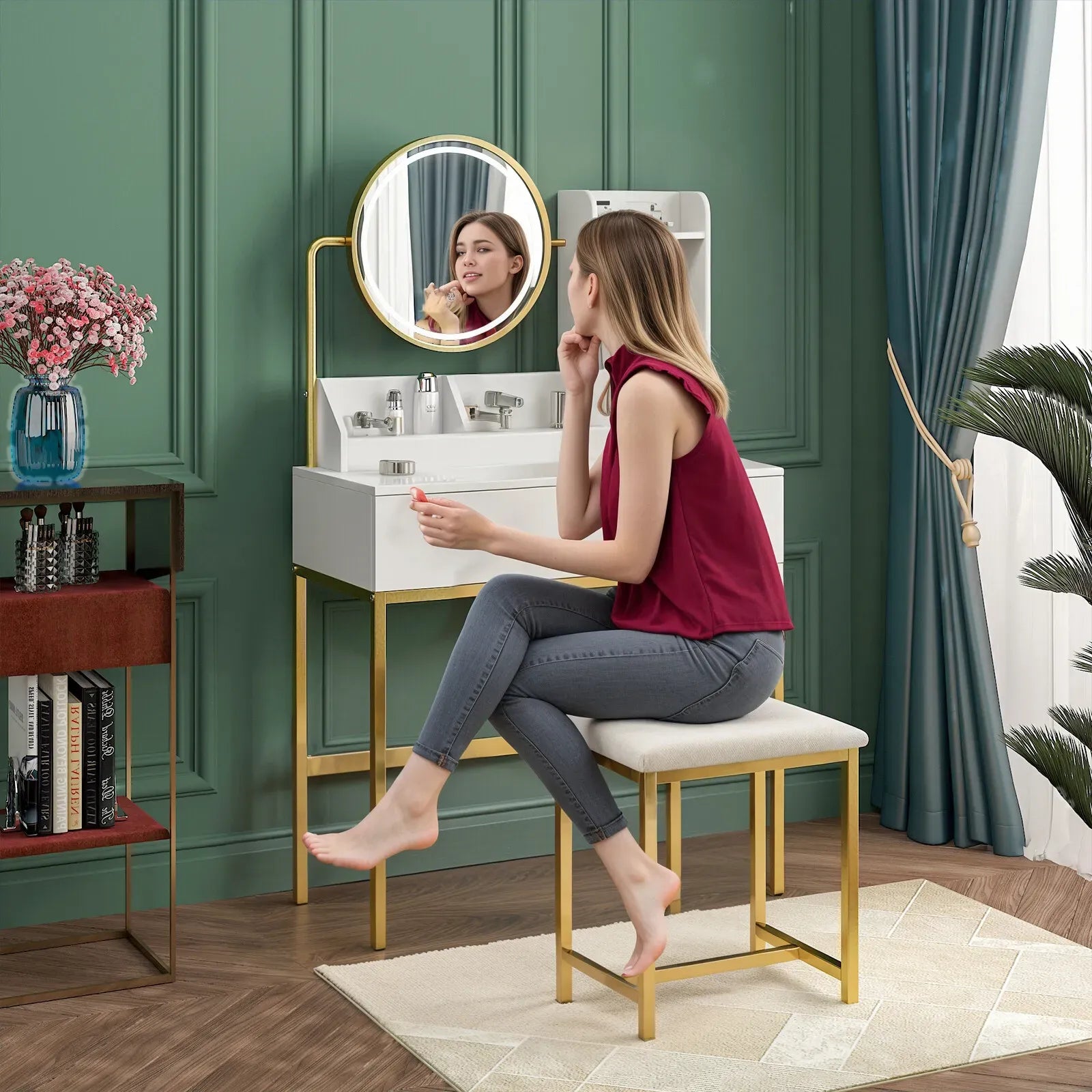 Dressing Table Stool Set in White & Gold with LED Lights and Charging Station