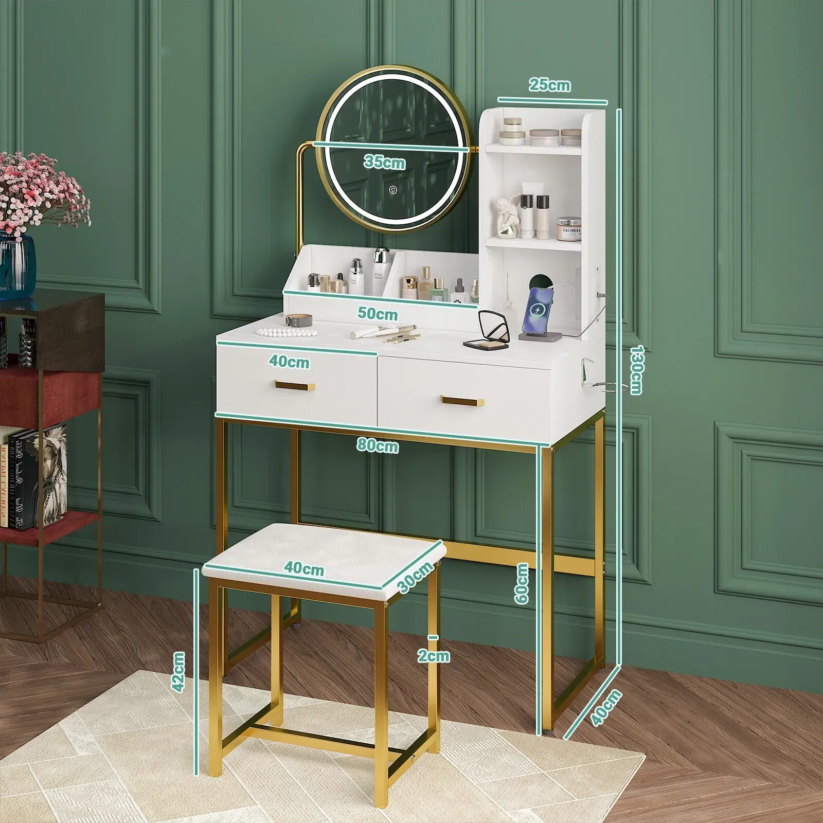 Dressing Table Stool Set in White & Gold with LED Lights and Charging Station