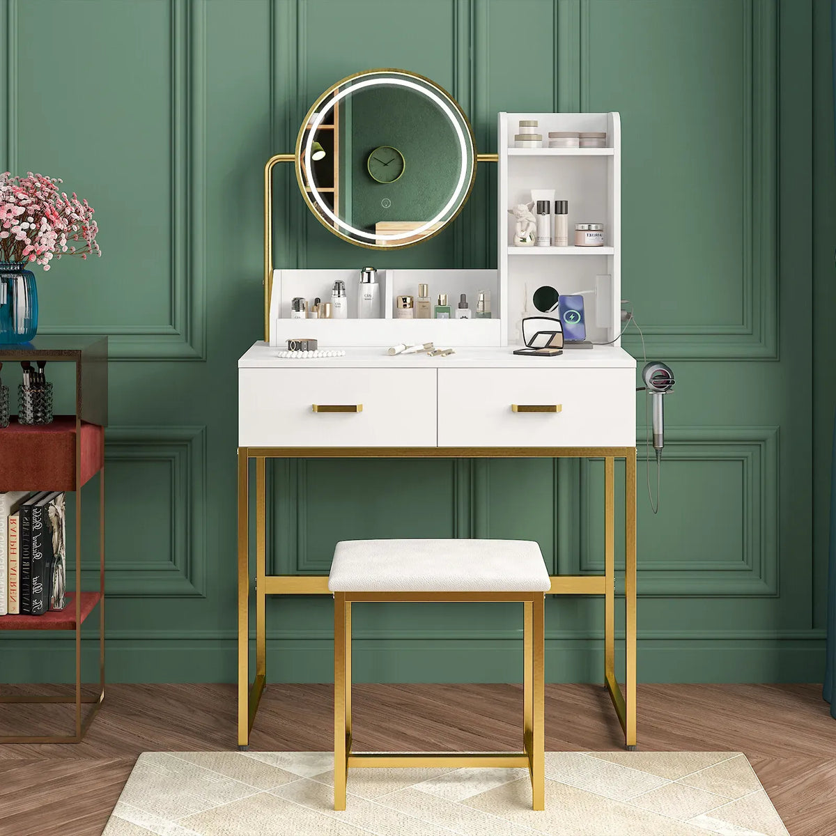 Dressing Table Stool Set in White & Gold with LED Lights and Charging Station