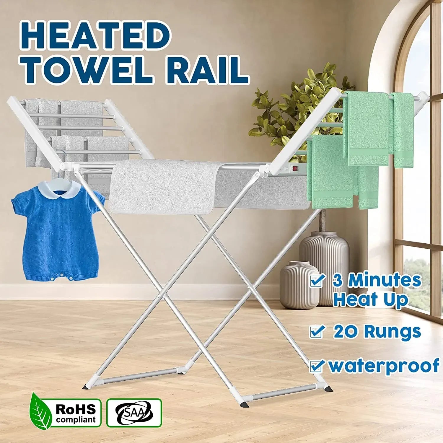 White 220W Electric Heated Towel Rack in Silver with 20 Bars for Fast Drying