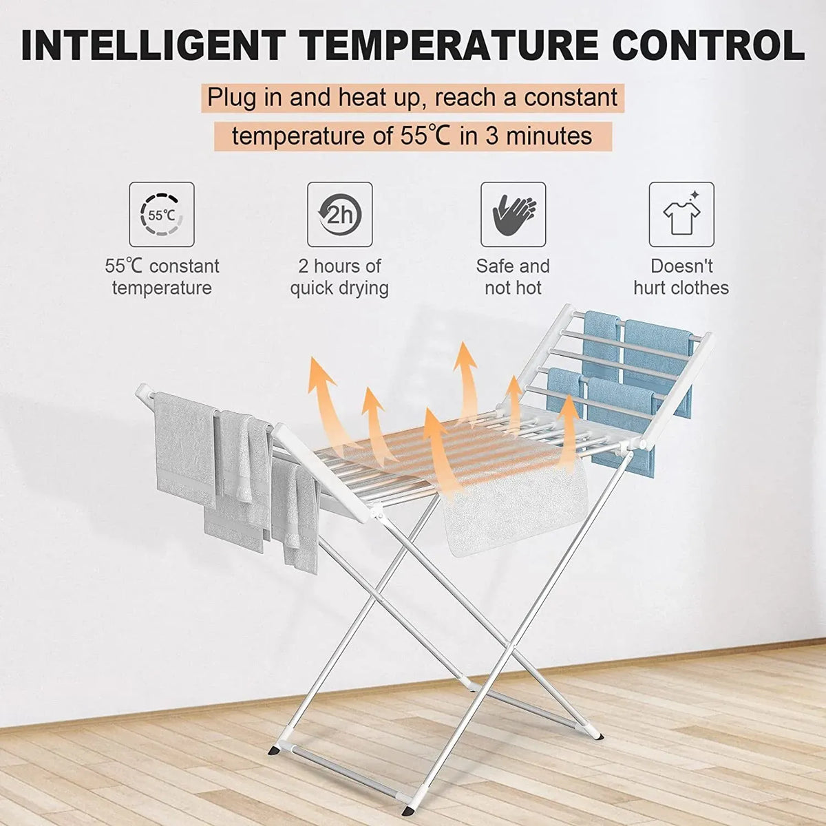 White 220W Electric Heated Towel Rack in Silver with 20 Bars for Fast Drying