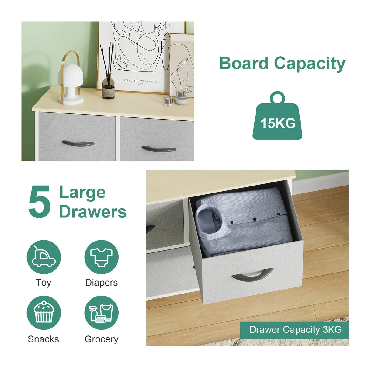 Black Chest of 5 Drawers Storage Cabinet Dresser Unit for Living Room or Bedroom