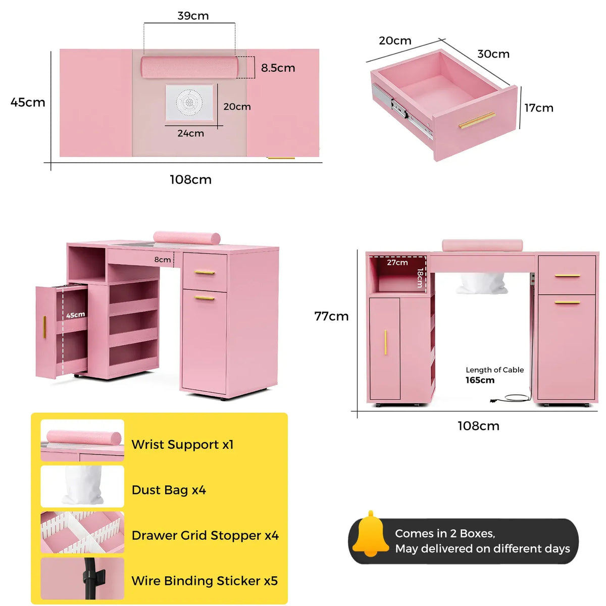 Pink Manicure Table with Electric Dust Collector and Storage, 108x45x77cm