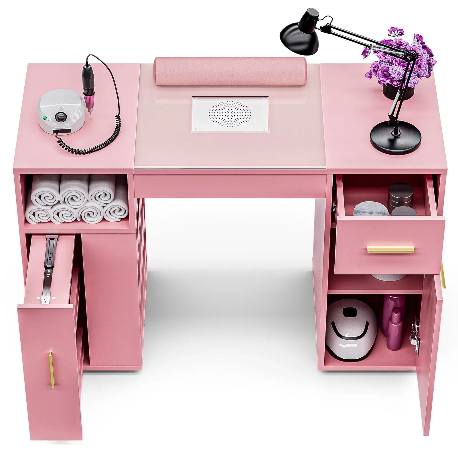 Pink Manicure Table with Electric Dust Collector and Storage, 108x45x77cm