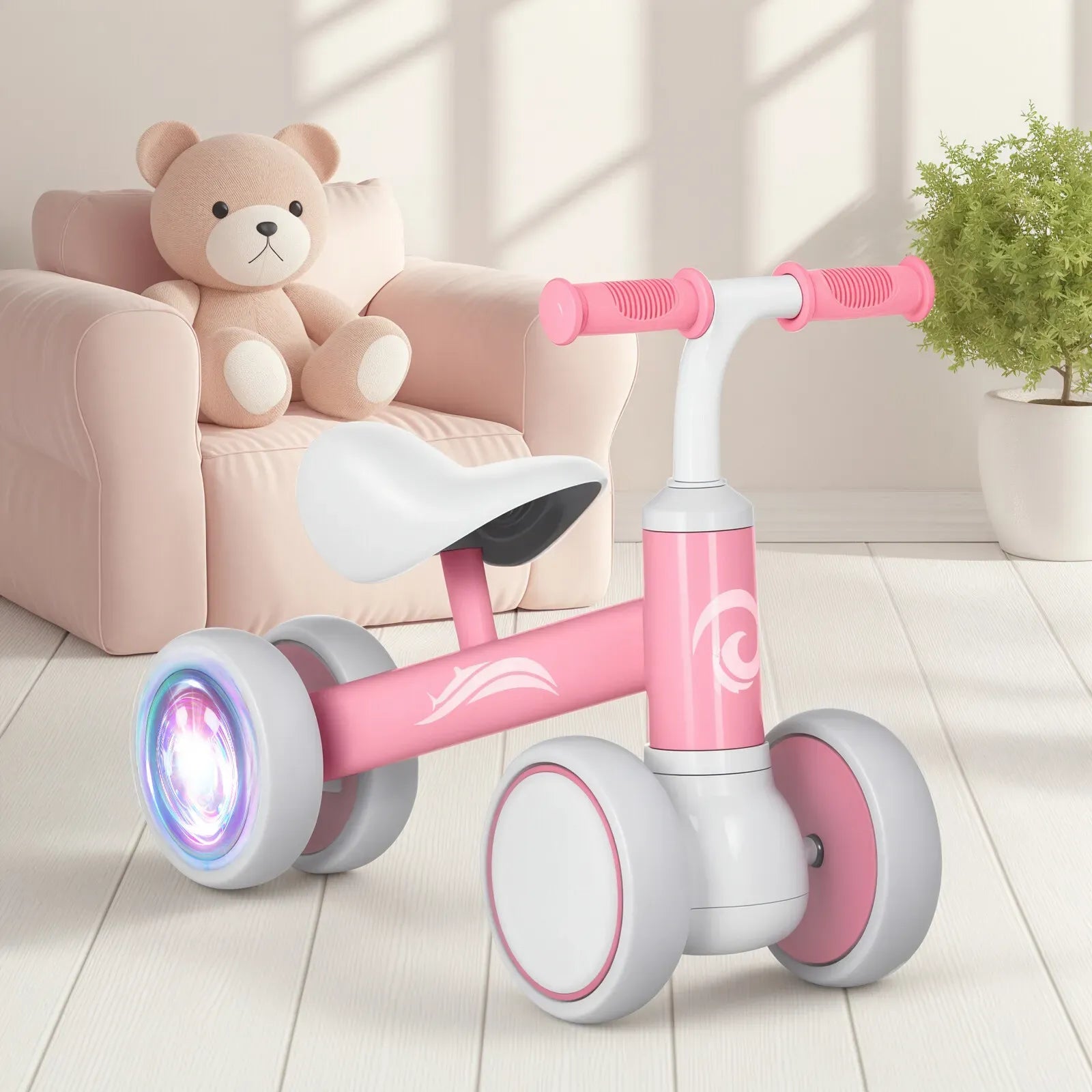 Pink Baby Balance Bike with LED Lights, 55x23x39cm, Suitable for Toddlers Aged 12-36 Months