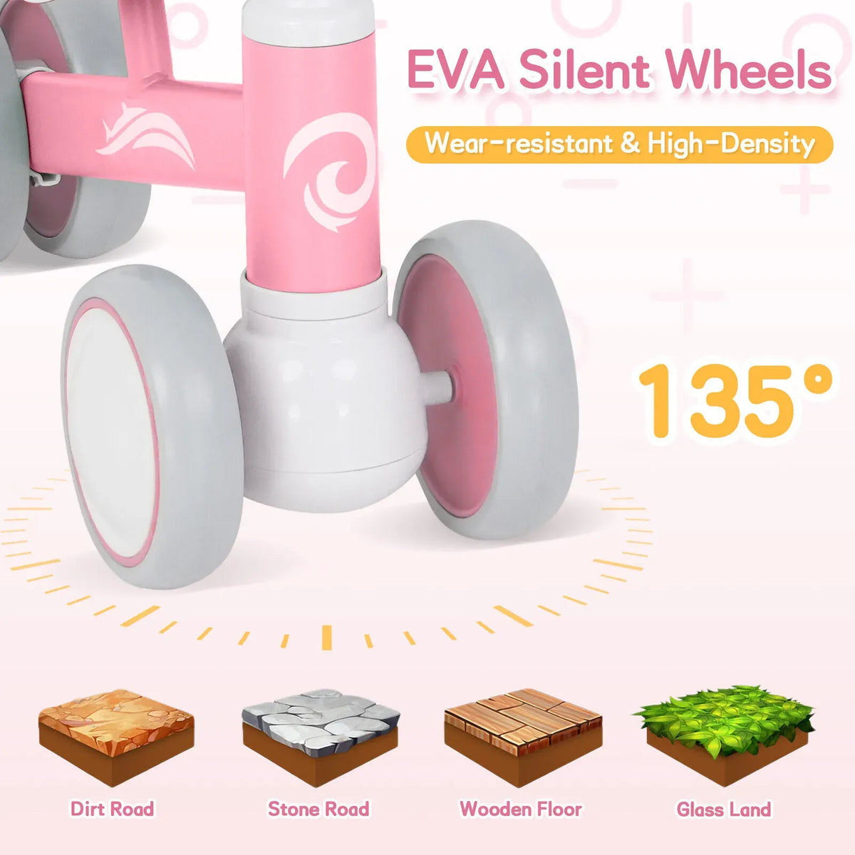 Pink Baby Balance Bike with LED Lights, 55x23x39cm, Suitable for Toddlers Aged 12-36 Months