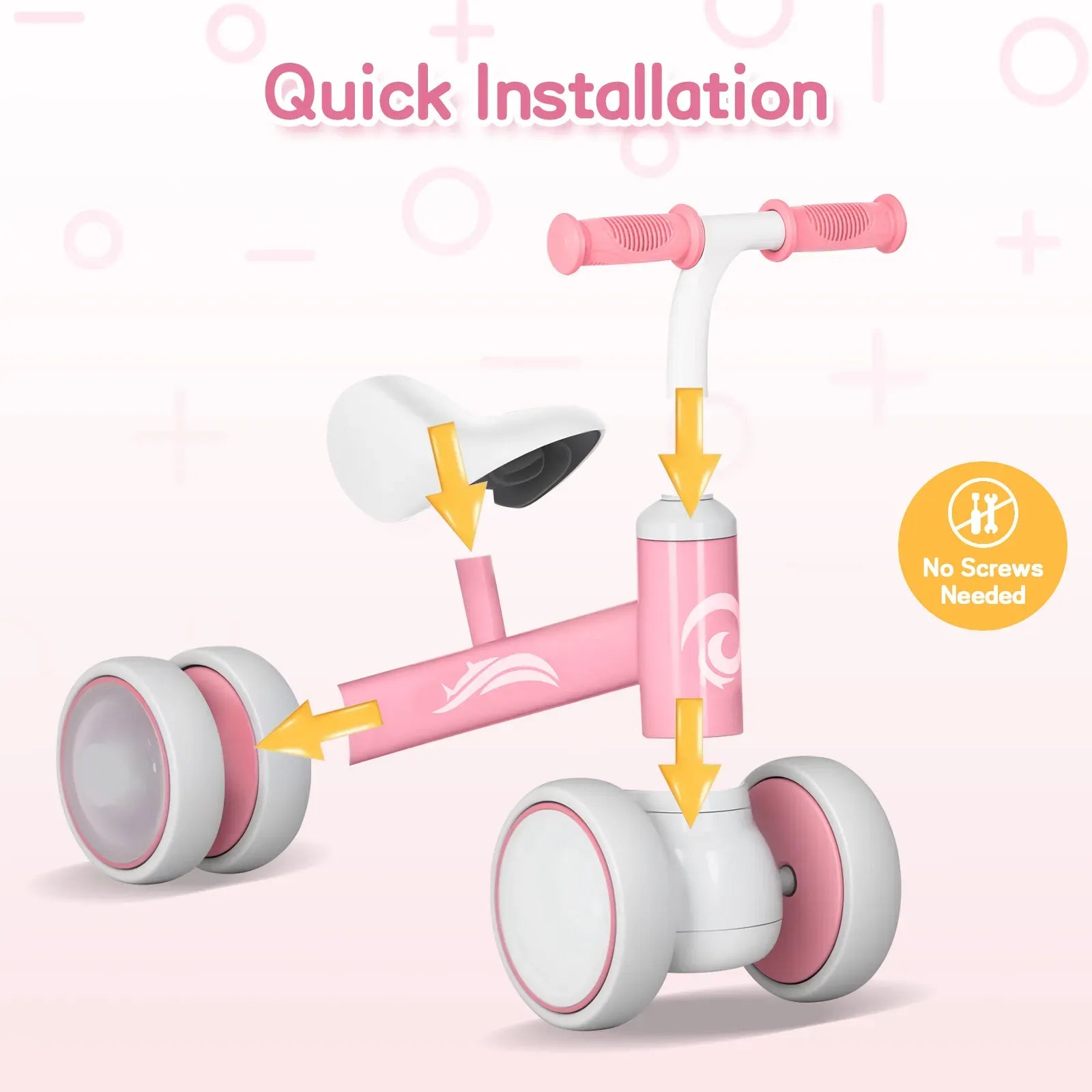 Pink Baby Balance Bike with LED Lights, 55x23x39cm, Suitable for Toddlers Aged 12-36 Months
