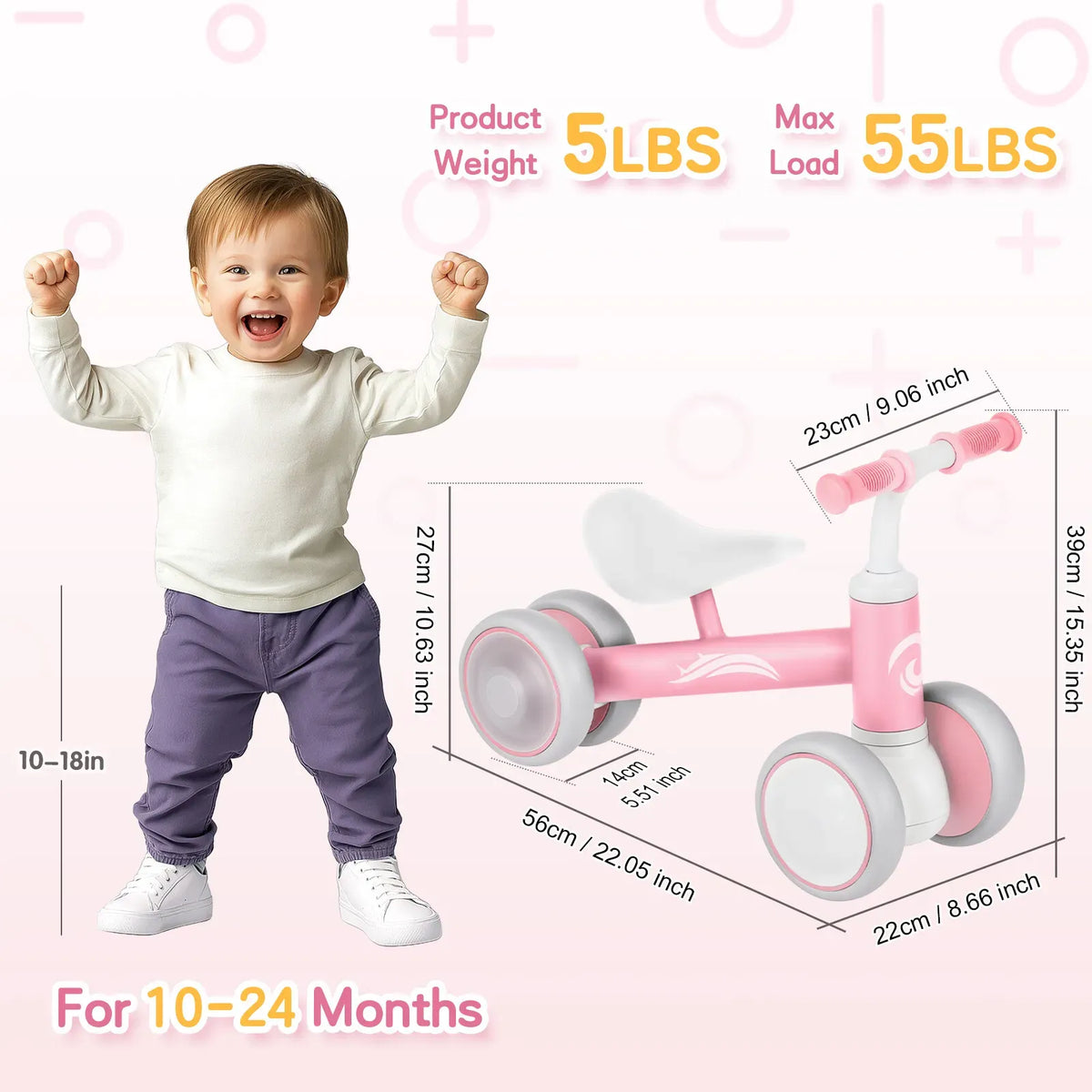 Pink Baby Balance Bike with LED Lights, 55x23x39cm, Suitable for Toddlers Aged 12-36 Months