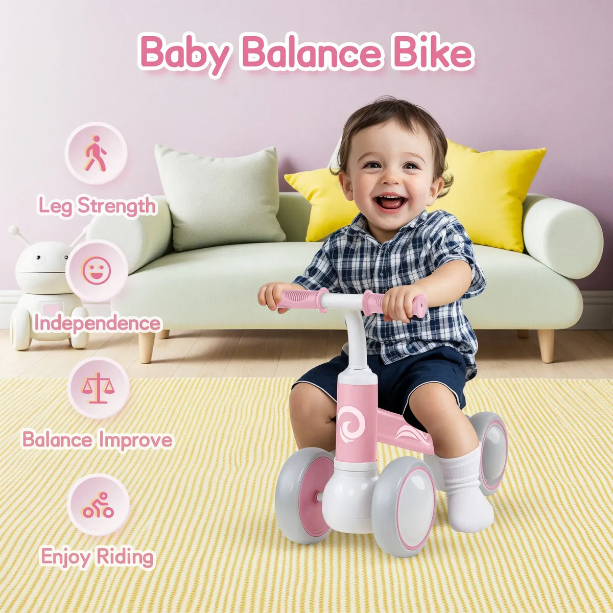 Pink Baby Balance Bike with LED Lights, 55x23x39cm, Suitable for Toddlers Aged 12-36 Months