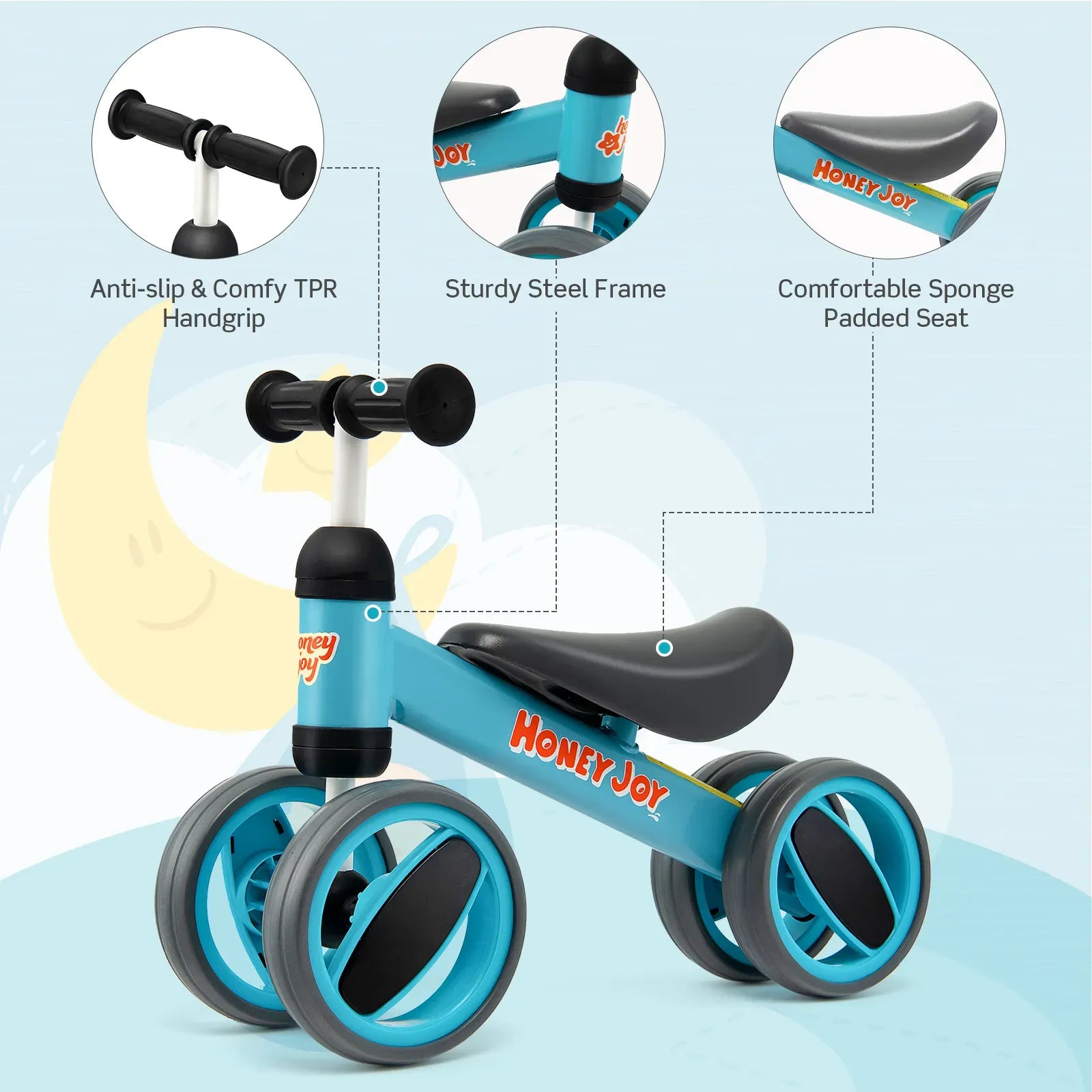 Baby Balance Bike for Toddlers 1-2 Years, Blue, 47x20x37.5cm, 4 Wheels