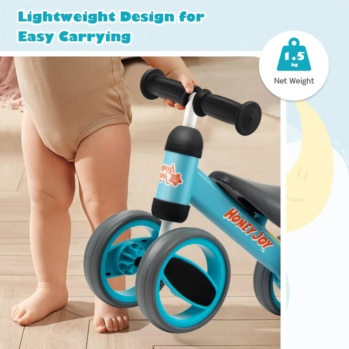 Baby Balance Bike for Toddlers 1-2 Years, Blue, 47x20x37.5cm, 4 Wheels
