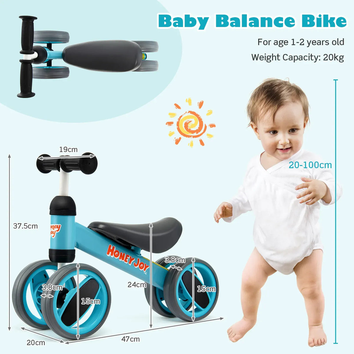 Baby Balance Bike for Toddlers 1-2 Years, Blue, 47x20x37.5cm, 4 Wheels