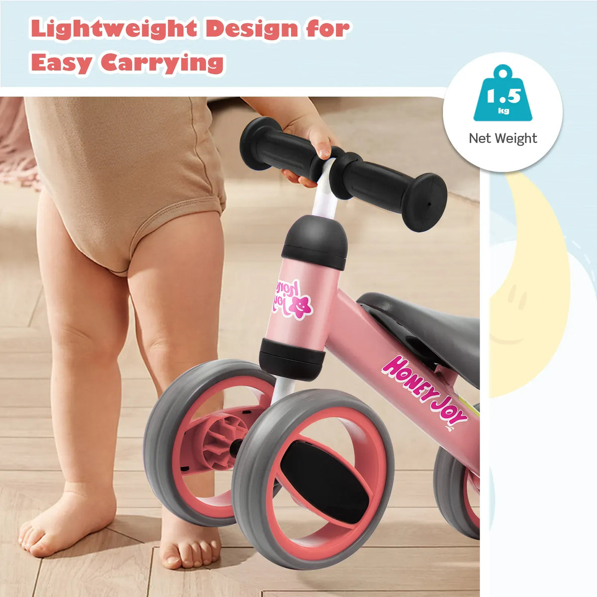 Baby Balance Bike in Pink for Toddlers Aged 1-2 Years with 4 Wheels, 47x20x37.5cm