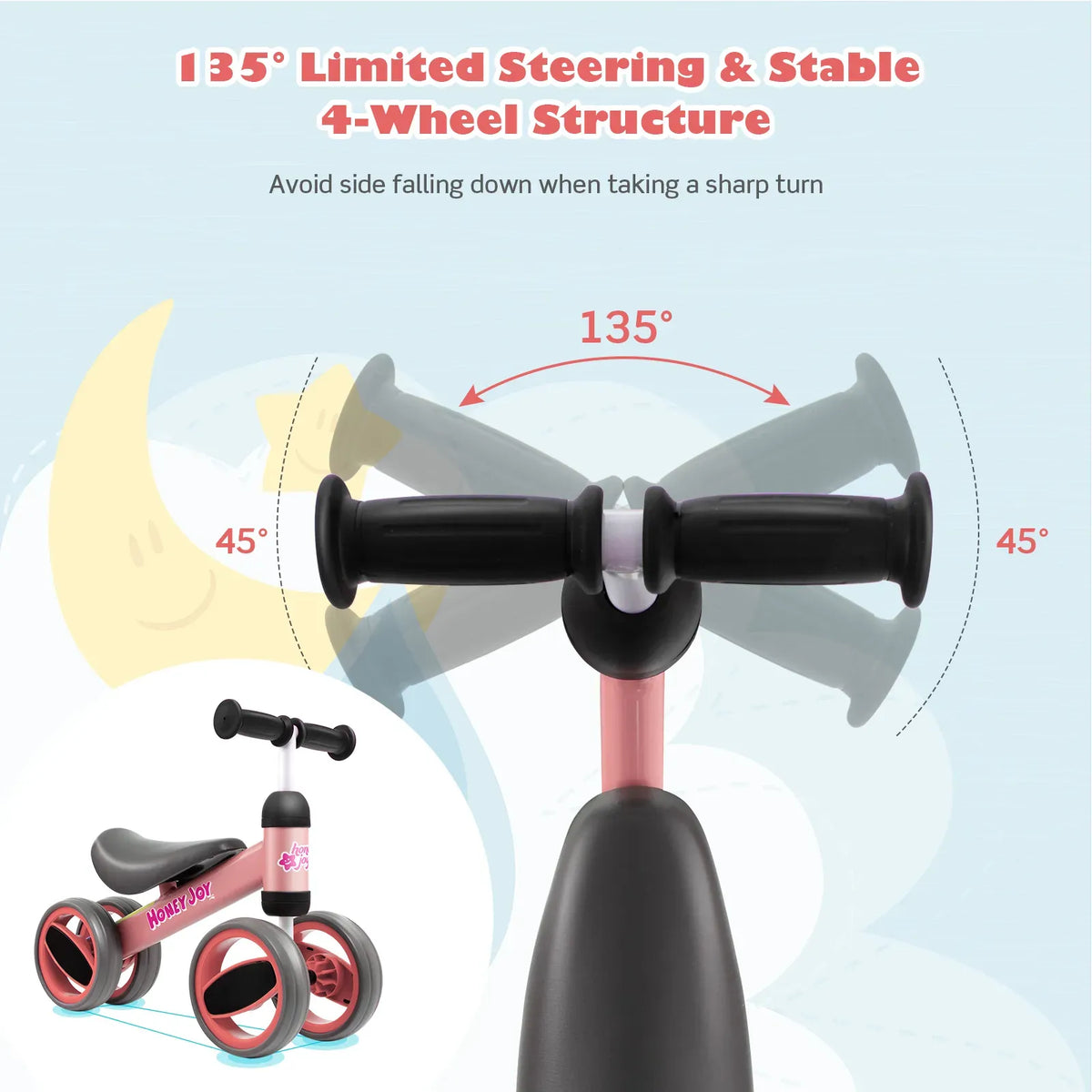 Baby Balance Bike in Pink for Toddlers Aged 1-2 Years with 4 Wheels, 47x20x37.5cm