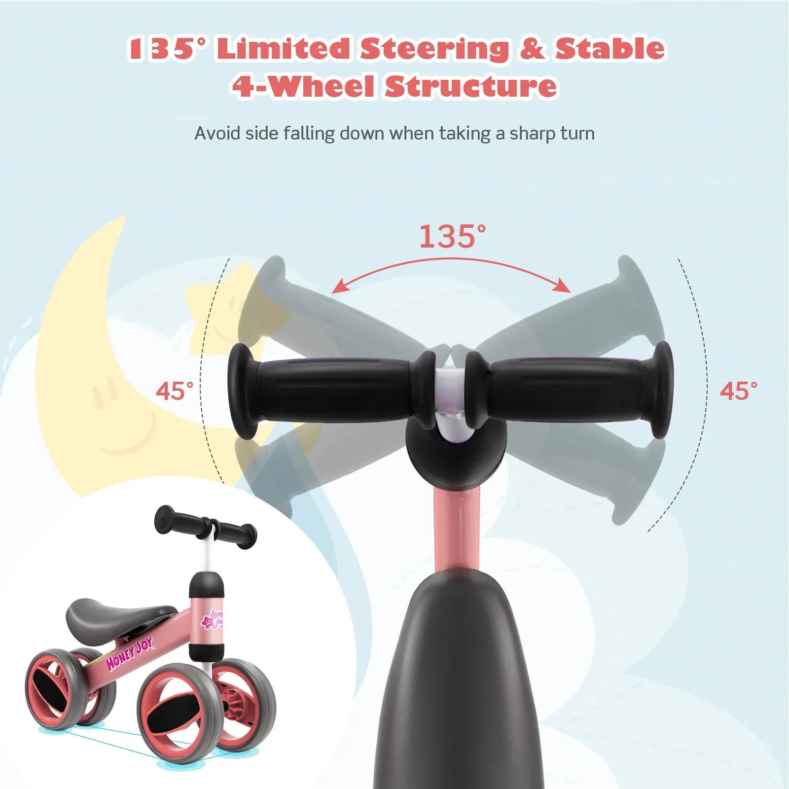 Baby Balance Bike in Pink for Toddlers Aged 1-2 Years with 4 Wheels, 47x20x37.5cm