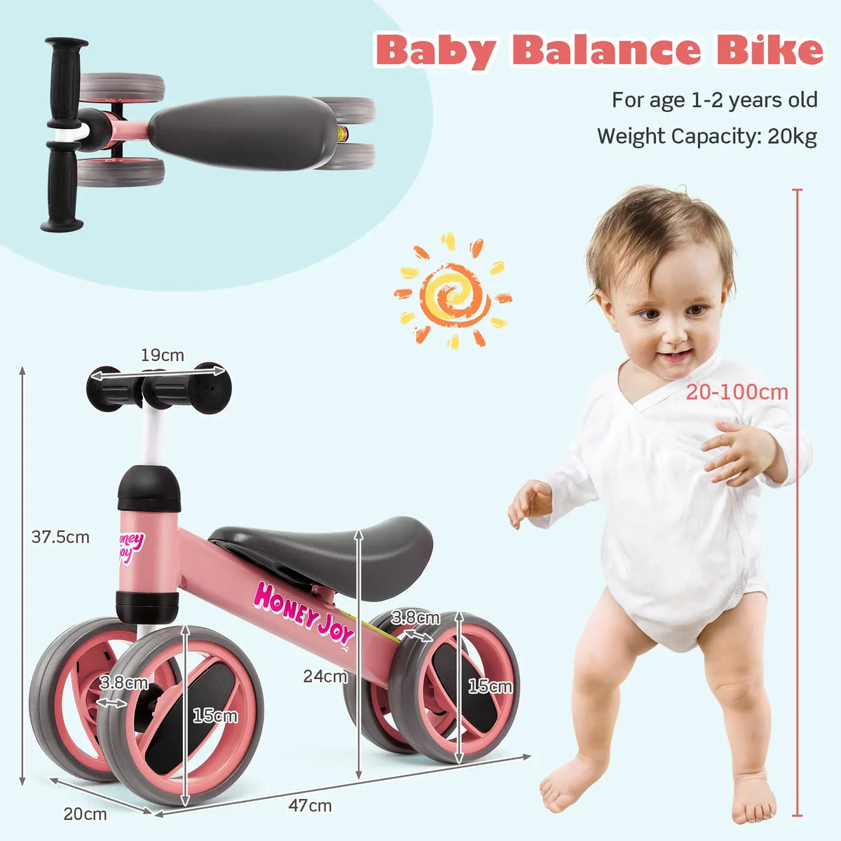 Baby Balance Bike in Pink for Toddlers Aged 1-2 Years with 4 Wheels, 47x20x37.5cm