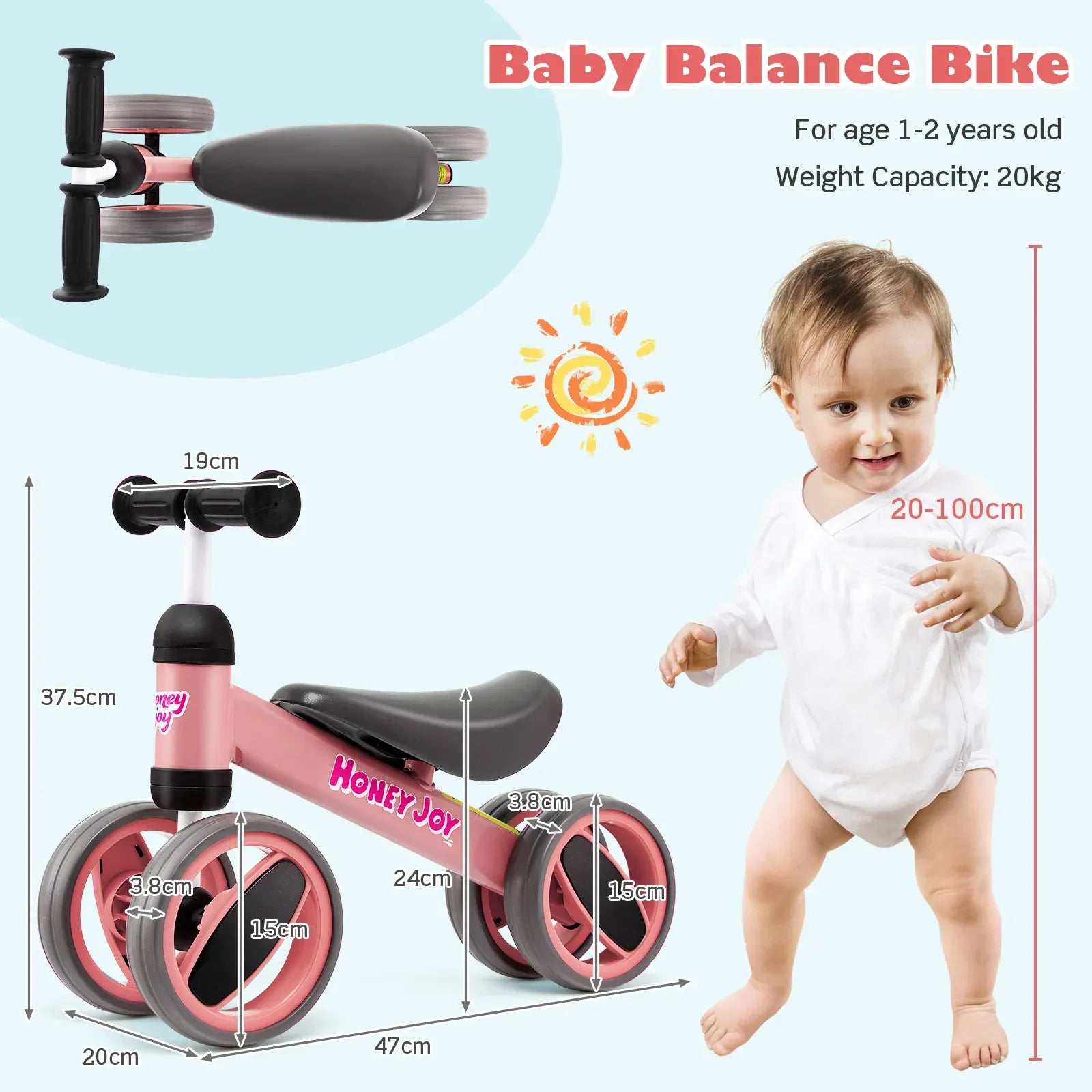 Baby Balance Bike in Pink for Toddlers Aged 1-2 Years with 4 Wheels, 47x20x37.5cm