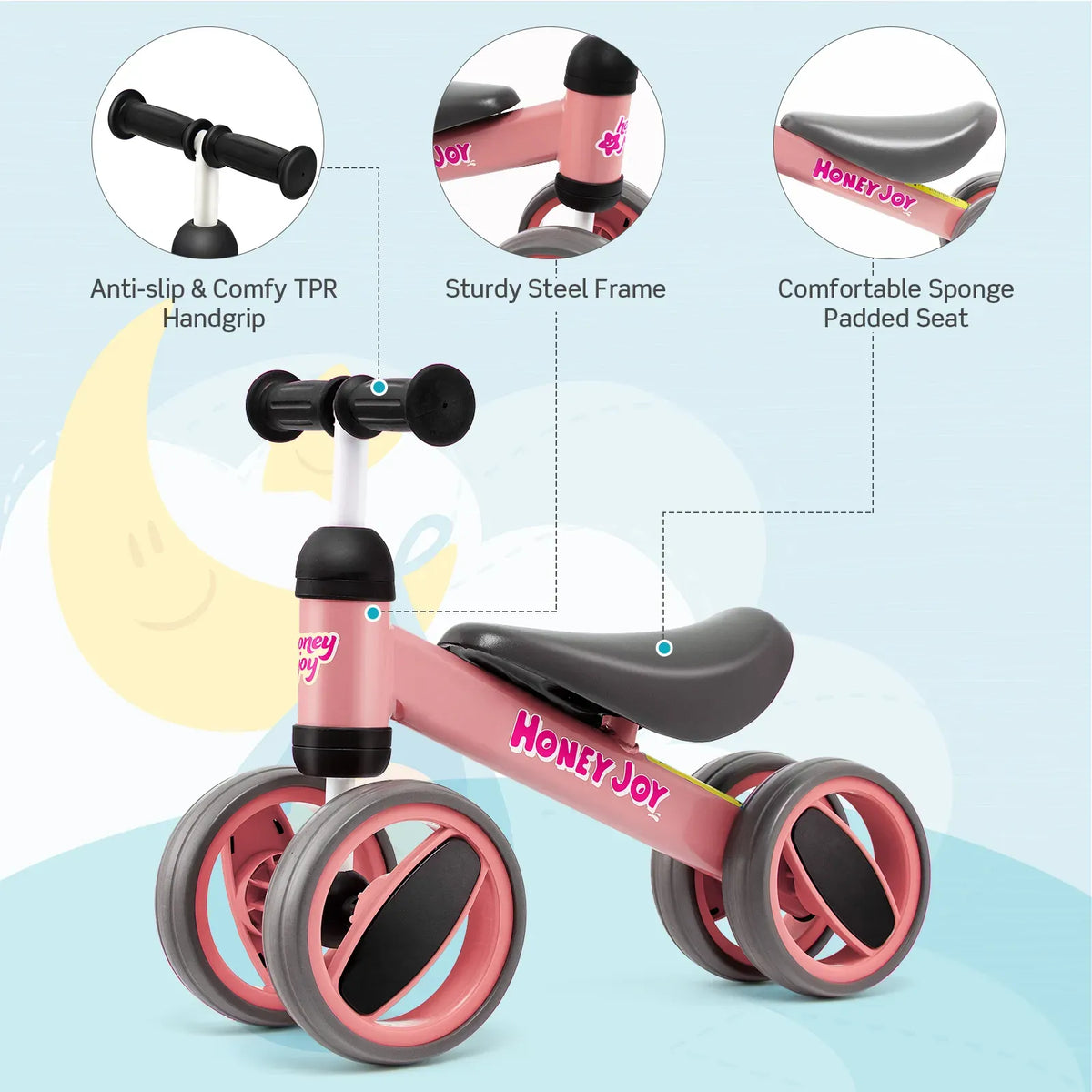 Baby Balance Bike in Pink for Toddlers Aged 1-2 Years with 4 Wheels, 47x20x37.5cm
