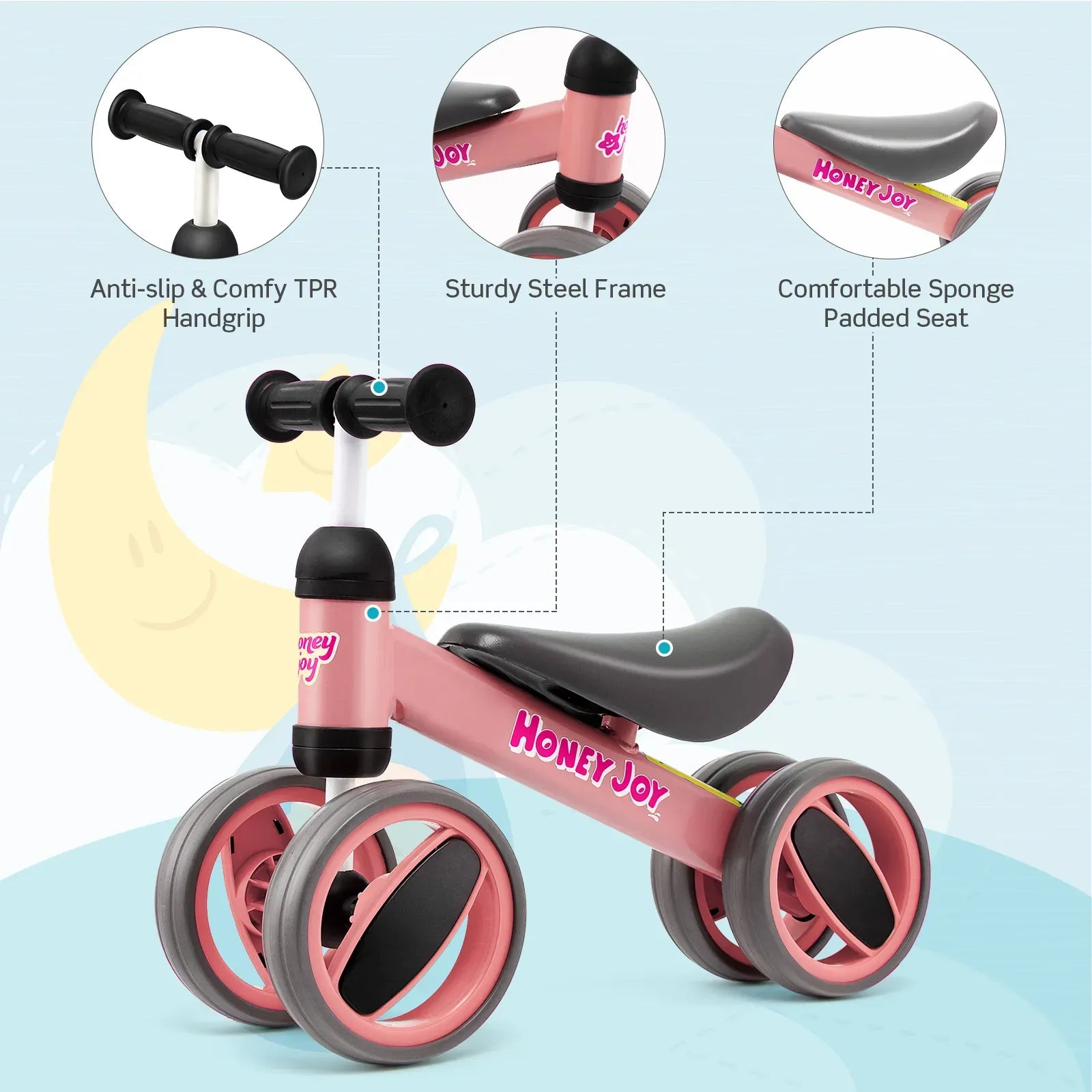 Baby Balance Bike in Pink for Toddlers Aged 1-2 Years with 4 Wheels, 47x20x37.5cm