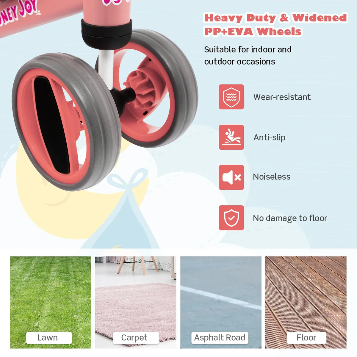 Baby Balance Bike in Pink for Toddlers Aged 1-2 Years with 4 Wheels, 47x20x37.5cm