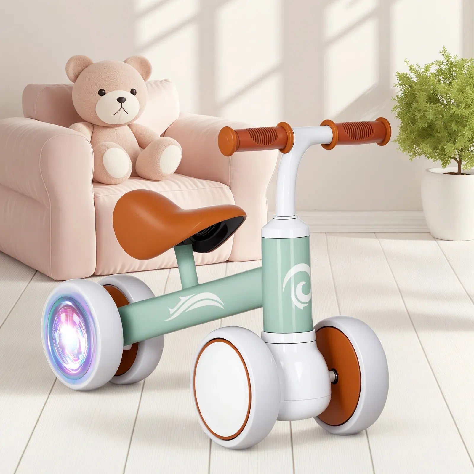 Green Baby Balance Bike with LED Lights, 4 Wheels, Lightweight Design for Toddlers