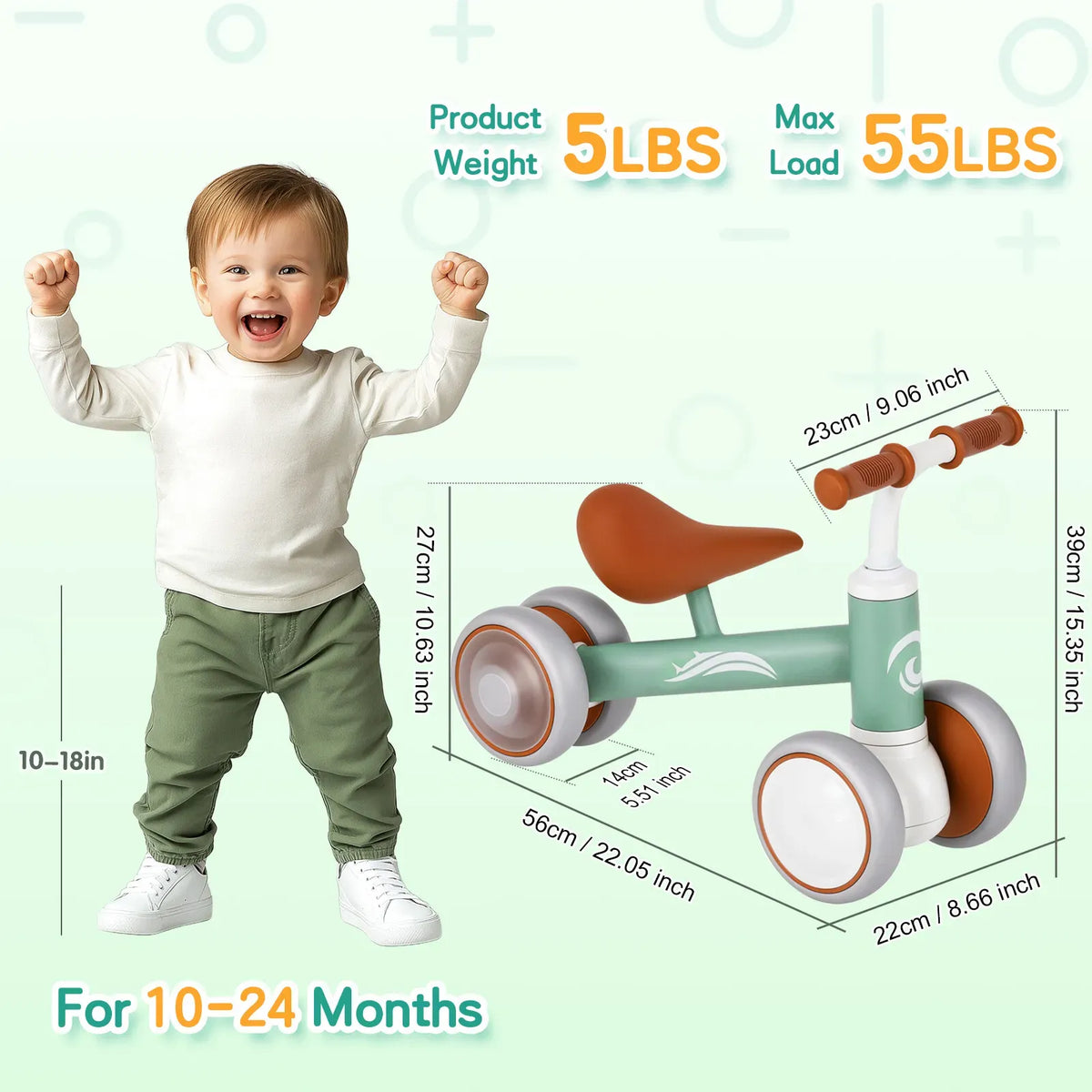 Green Baby Balance Bike with LED Lights, 4 Wheels, Lightweight Design for Toddlers