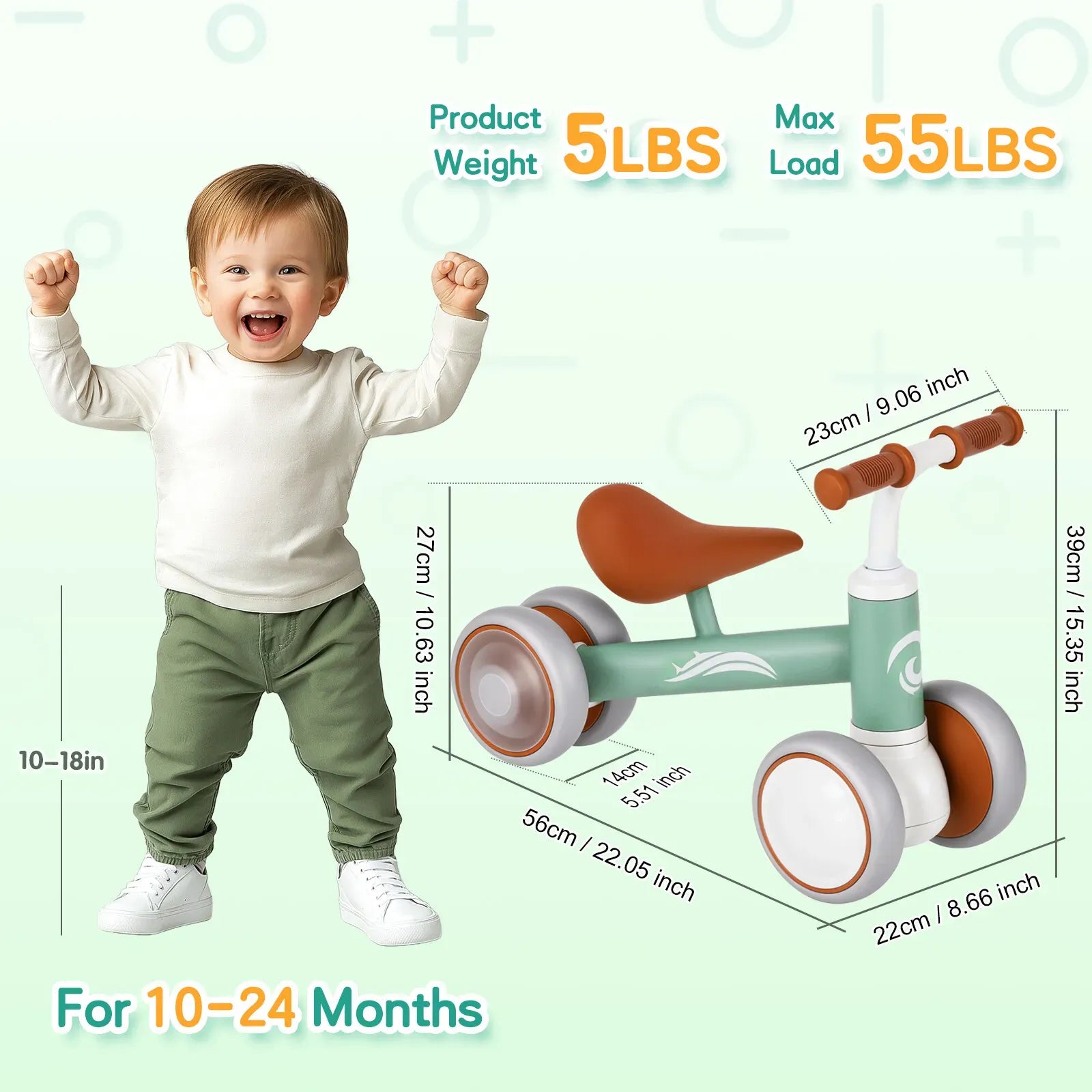 Green Baby Balance Bike with LED Lights, 4 Wheels, Lightweight Design for Toddlers