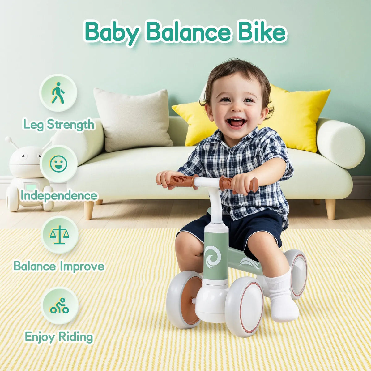 Green Baby Balance Bike with LED Lights, 4 Wheels, Lightweight Design for Toddlers
