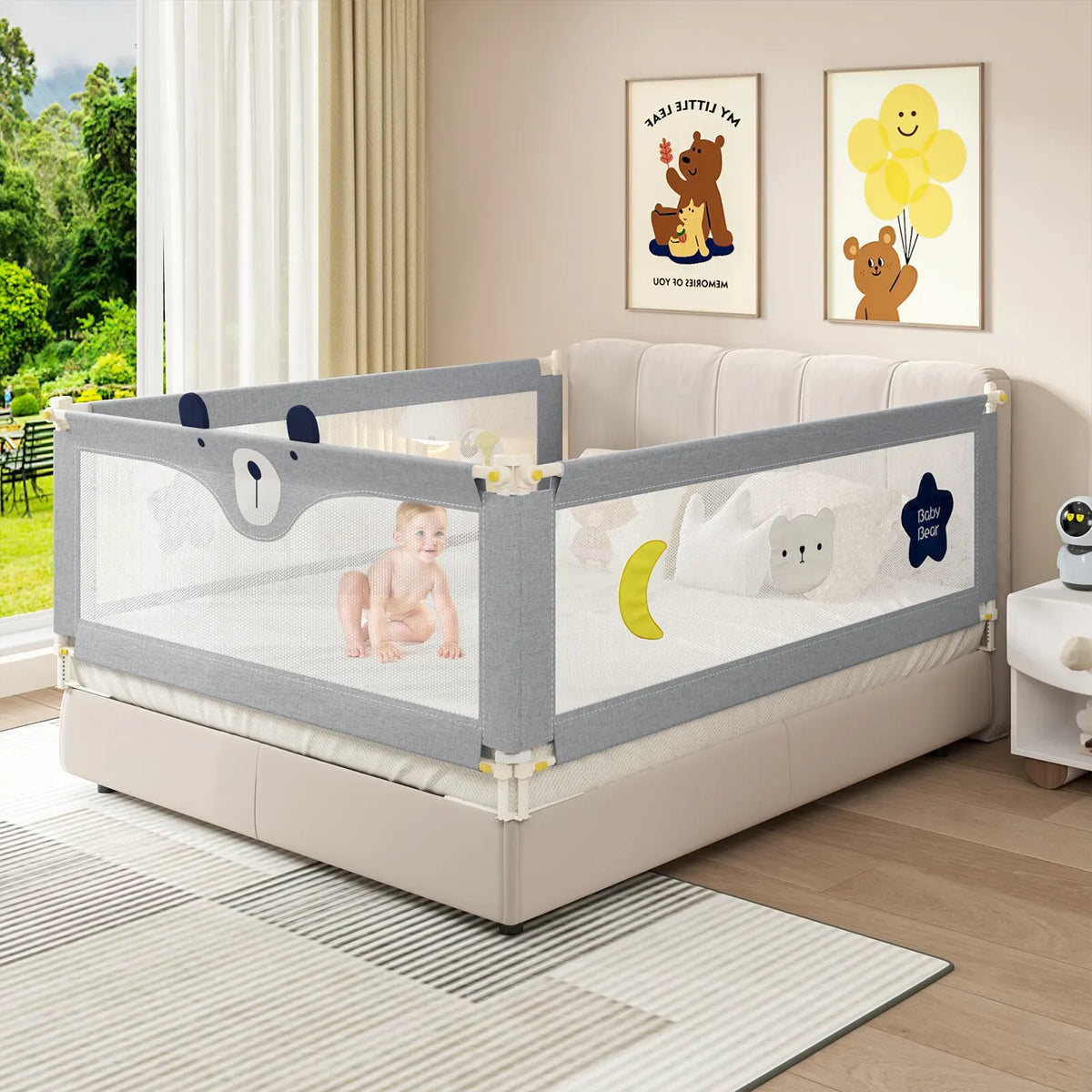 Adjustable Grey Baby Bed Rail Guard for Toddler Cot - 180x200cm
