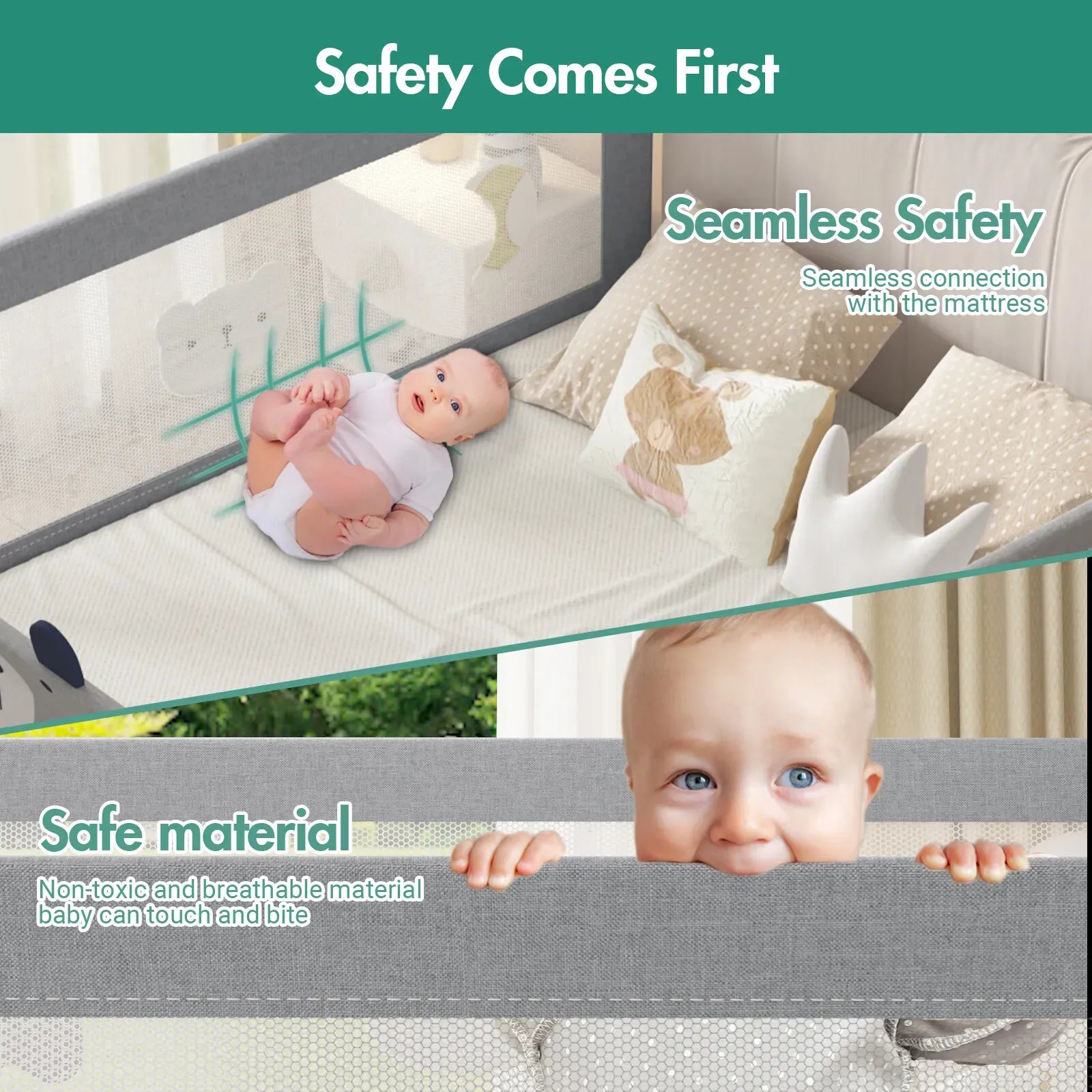 Adjustable Grey Baby Bed Rail Guard for Toddler Cot - 180x200cm