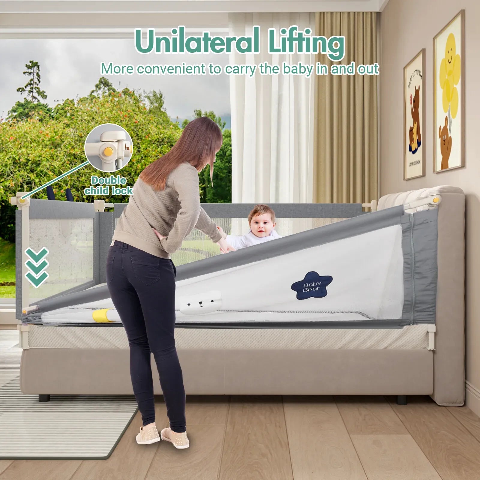 Adjustable Grey Baby Bed Rail Guard for Toddler Cot - 180x200cm