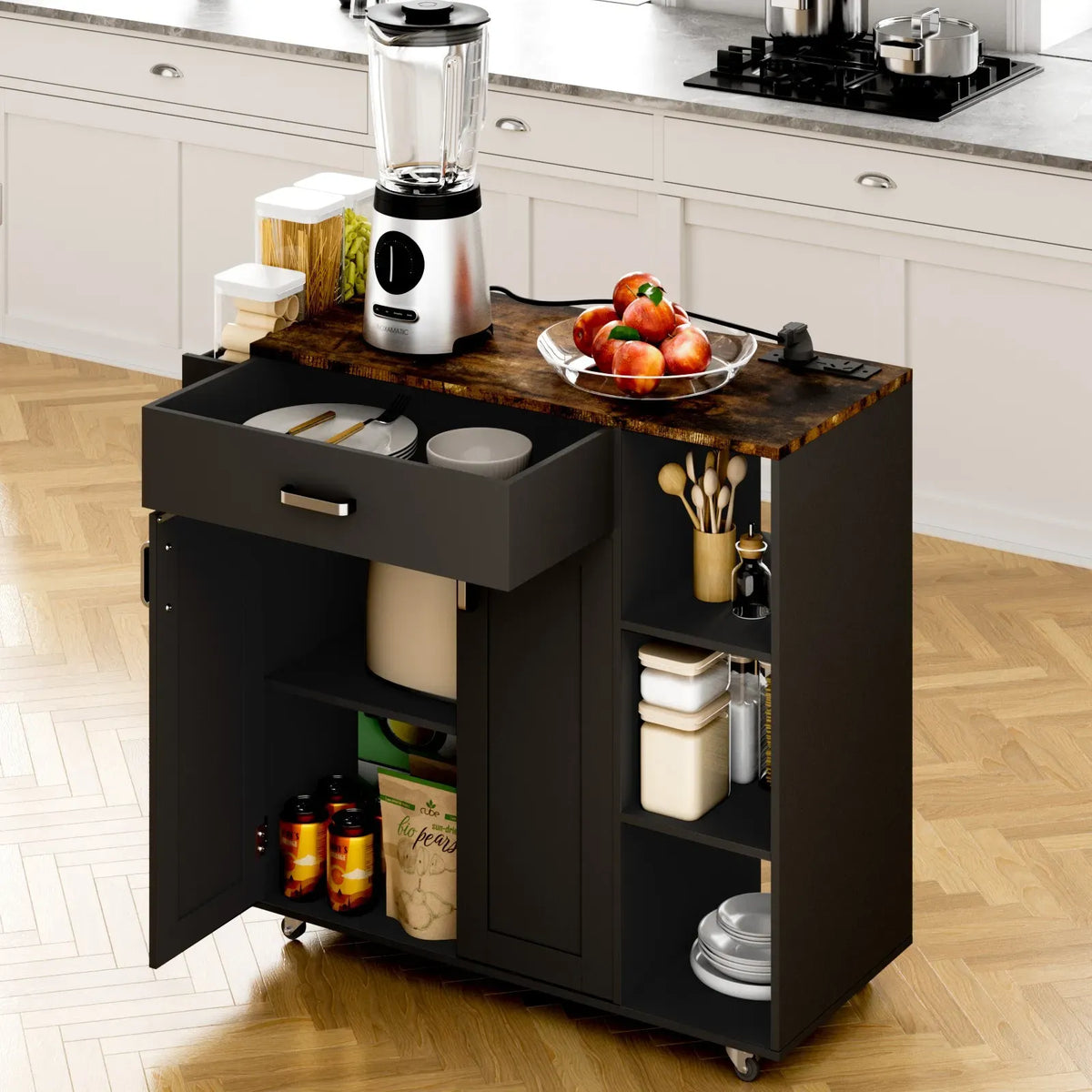 Kitchen Island Cart on Wheels with Charging Station, Black, 83x38x82cm