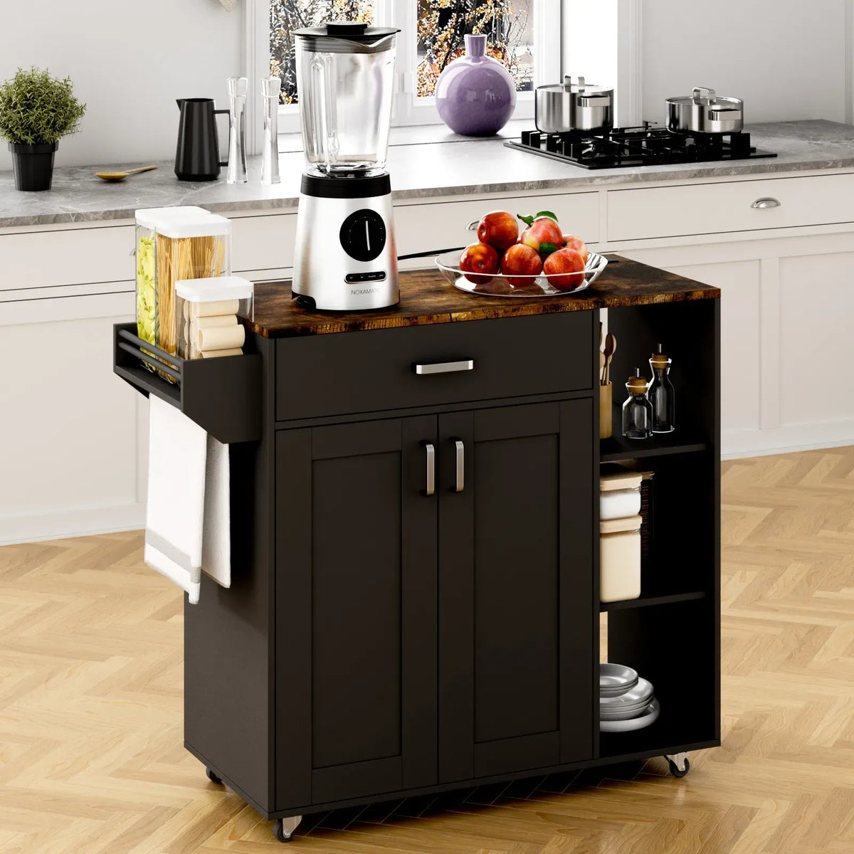 Kitchen Island Cart on Wheels with Charging Station, Black, 83x38x82cm
