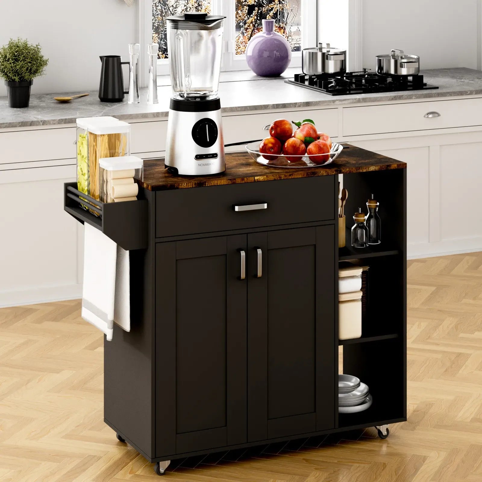Kitchen Island Cart on Wheels with Charging Station, Black, 83x38x82cm
