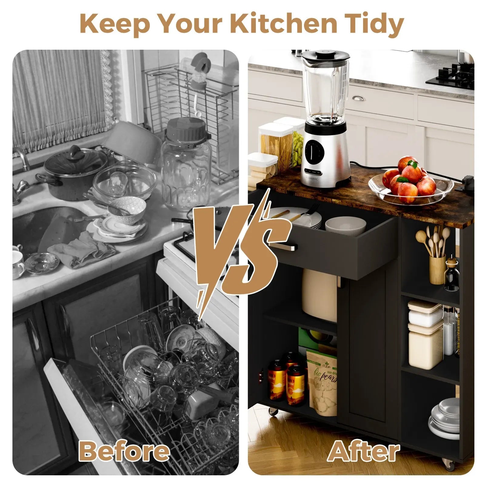 Kitchen Island Cart on Wheels with Charging Station, Black, 83x38x82cm