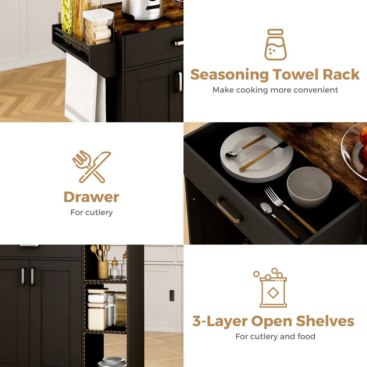 Kitchen Island Cart on Wheels with Charging Station, Black, 83x38x82cm