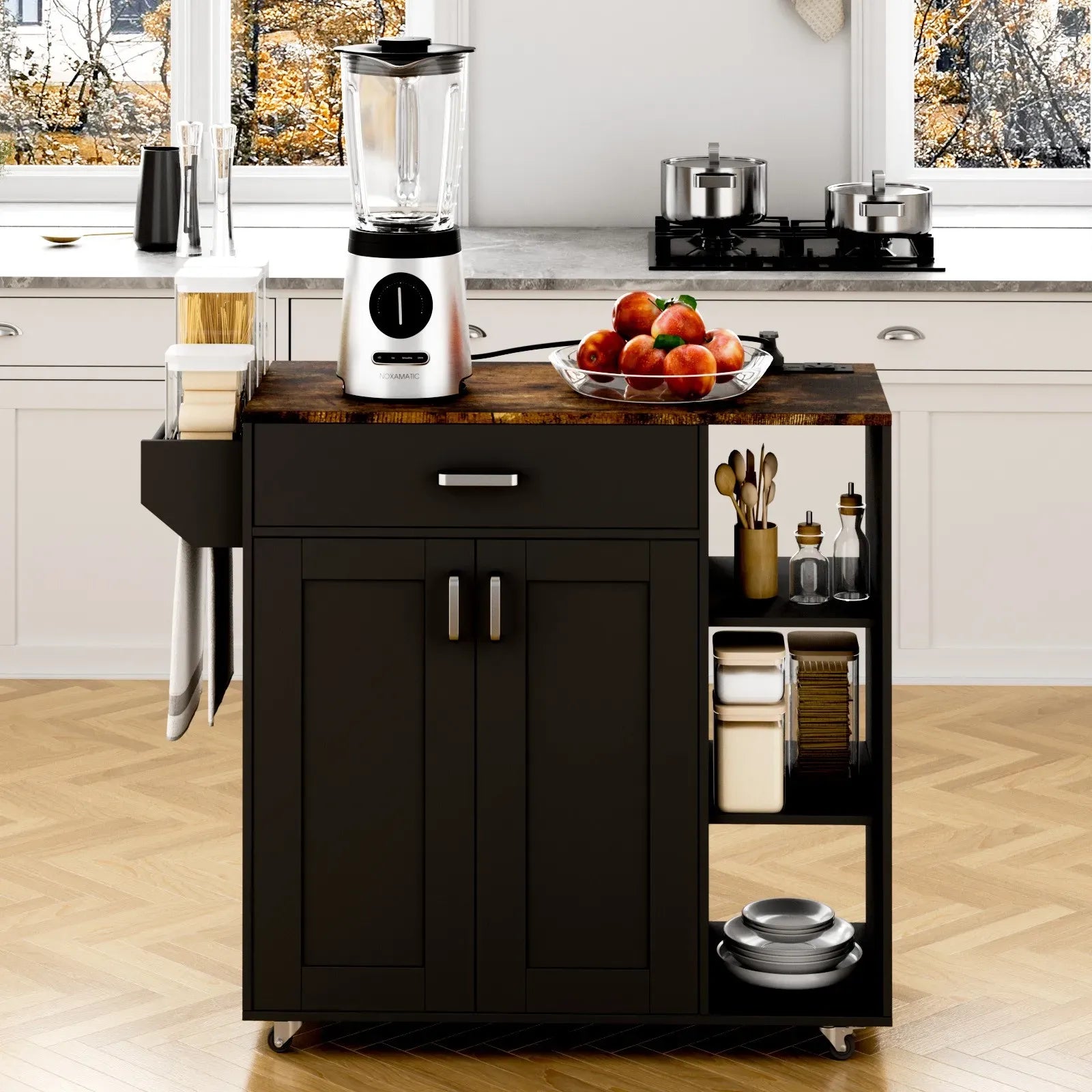 Kitchen Island Cart on Wheels with Charging Station, Black, 83x38x82cm