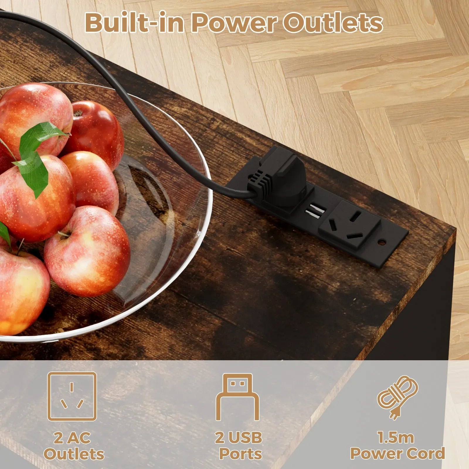 Kitchen Island Cart on Wheels with Charging Station, Black, 83x38x82cm