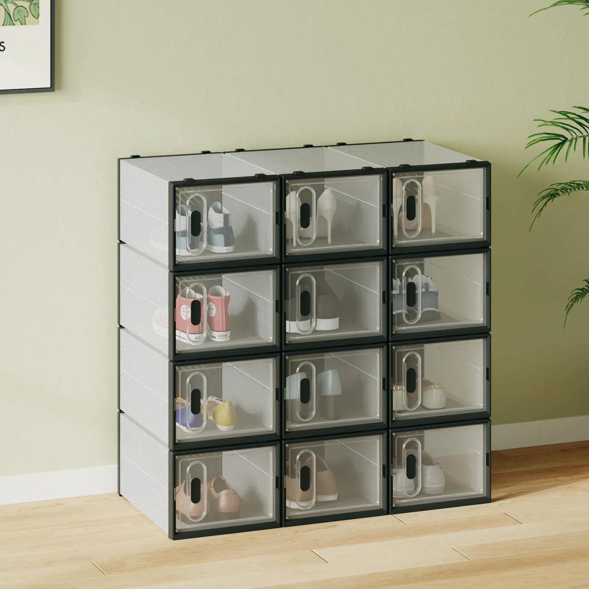 12-Piece Stackable Shoe Storage Box Organiser in Transparent and Black, 36x25x19cm