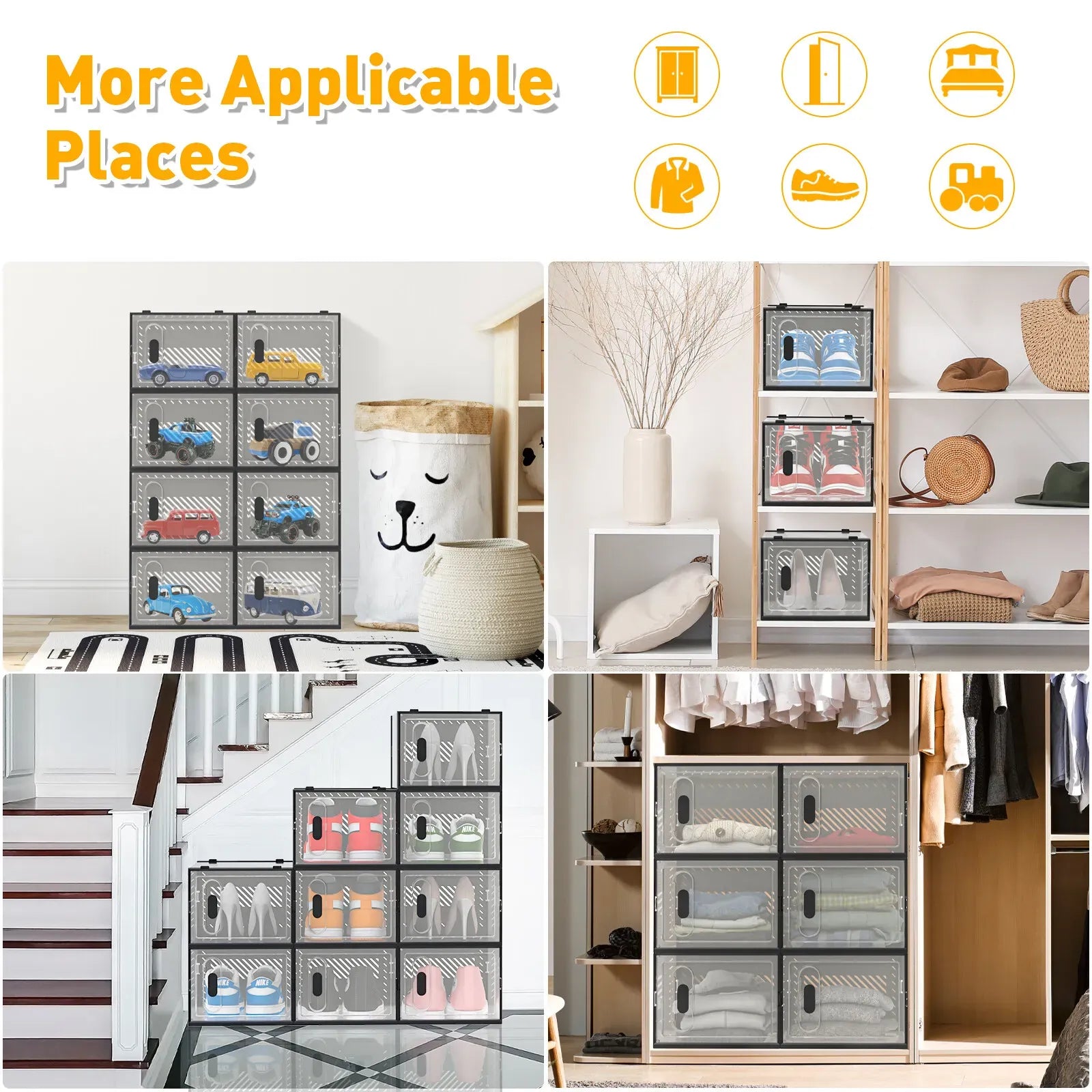 12-Piece Stackable Shoe Storage Box Organiser in Transparent and Black, 36x25x19cm