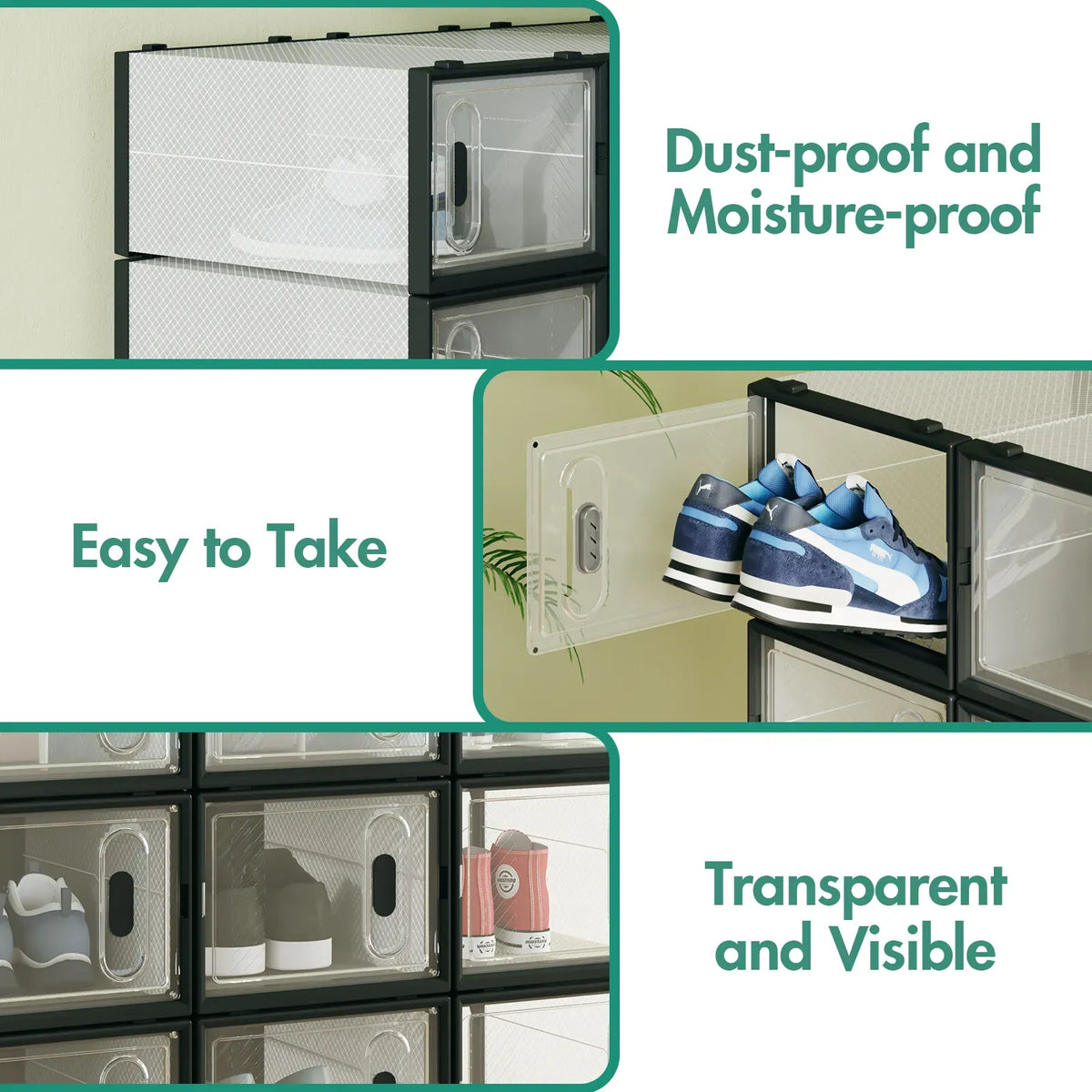 12-Piece Stackable Shoe Storage Box Organiser in Transparent and Black, 36x25x19cm