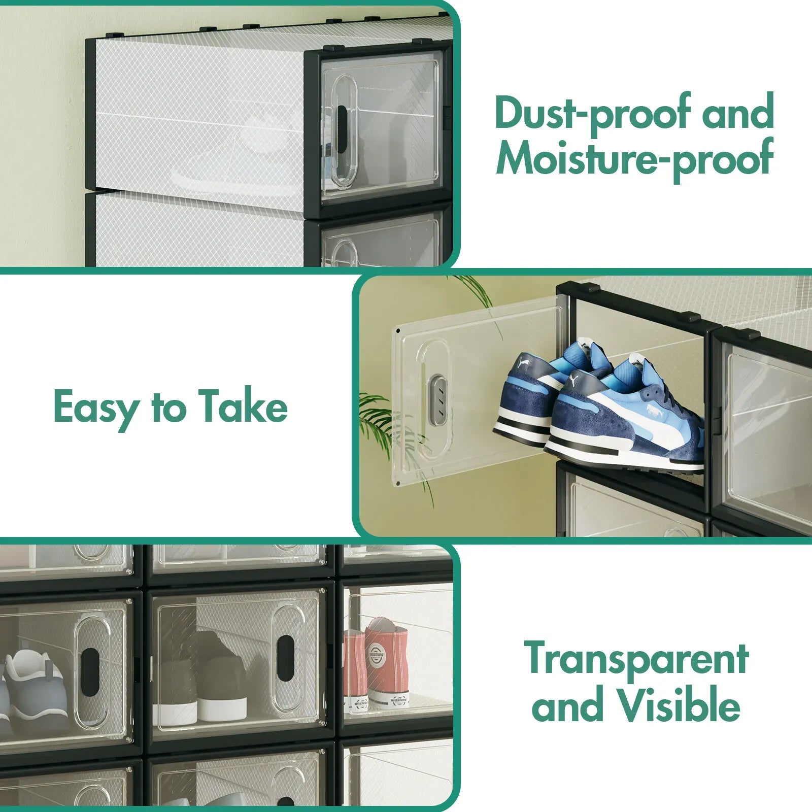 12-Piece Stackable Shoe Storage Box Organiser in Transparent and Black, 36x25x19cm