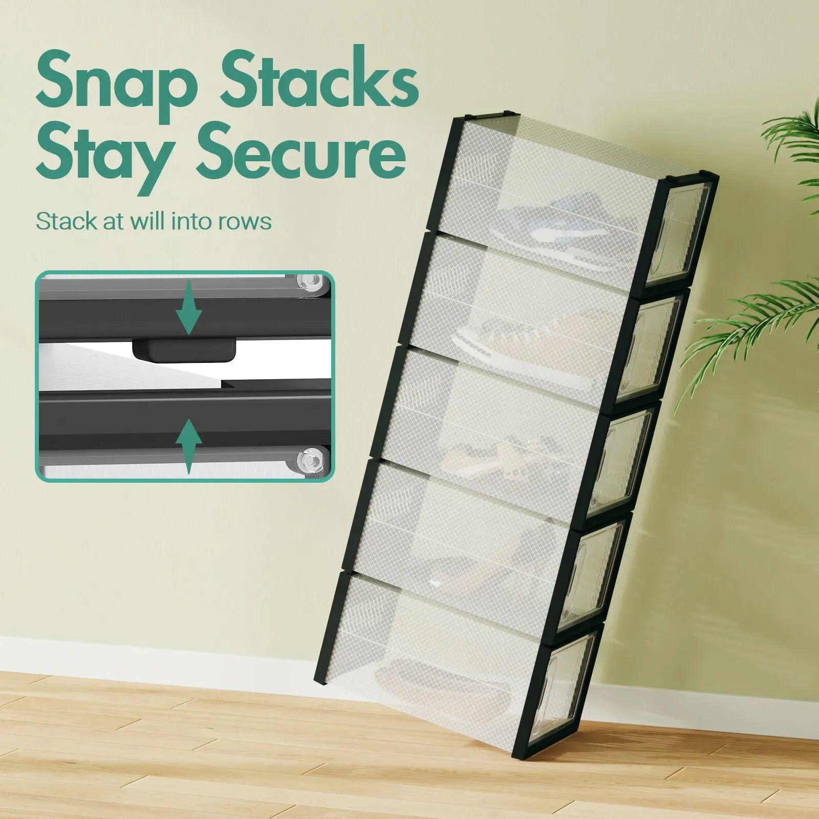 12-Piece Stackable Shoe Storage Box Organiser in Transparent and Black, 36x25x19cm